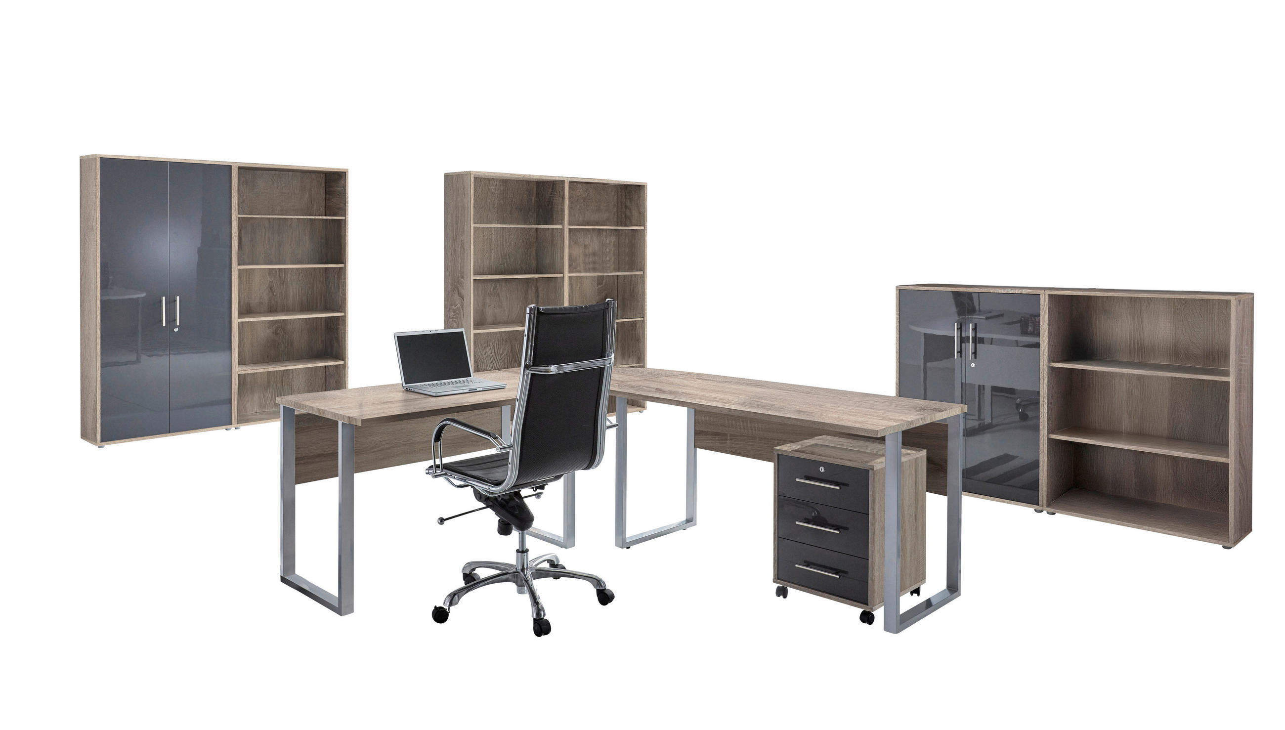BÜRO in verschiedenen Holz-Dekoren erhältlich, Schreibtisch seitenverkehrt montierbar, abschließbar Sonoma Eiche, Anthrazit Hochglanz - Anthrazit Hochglanz/Sonoma Eiche, MODERN, Holzwerkstoff - MID.YOU