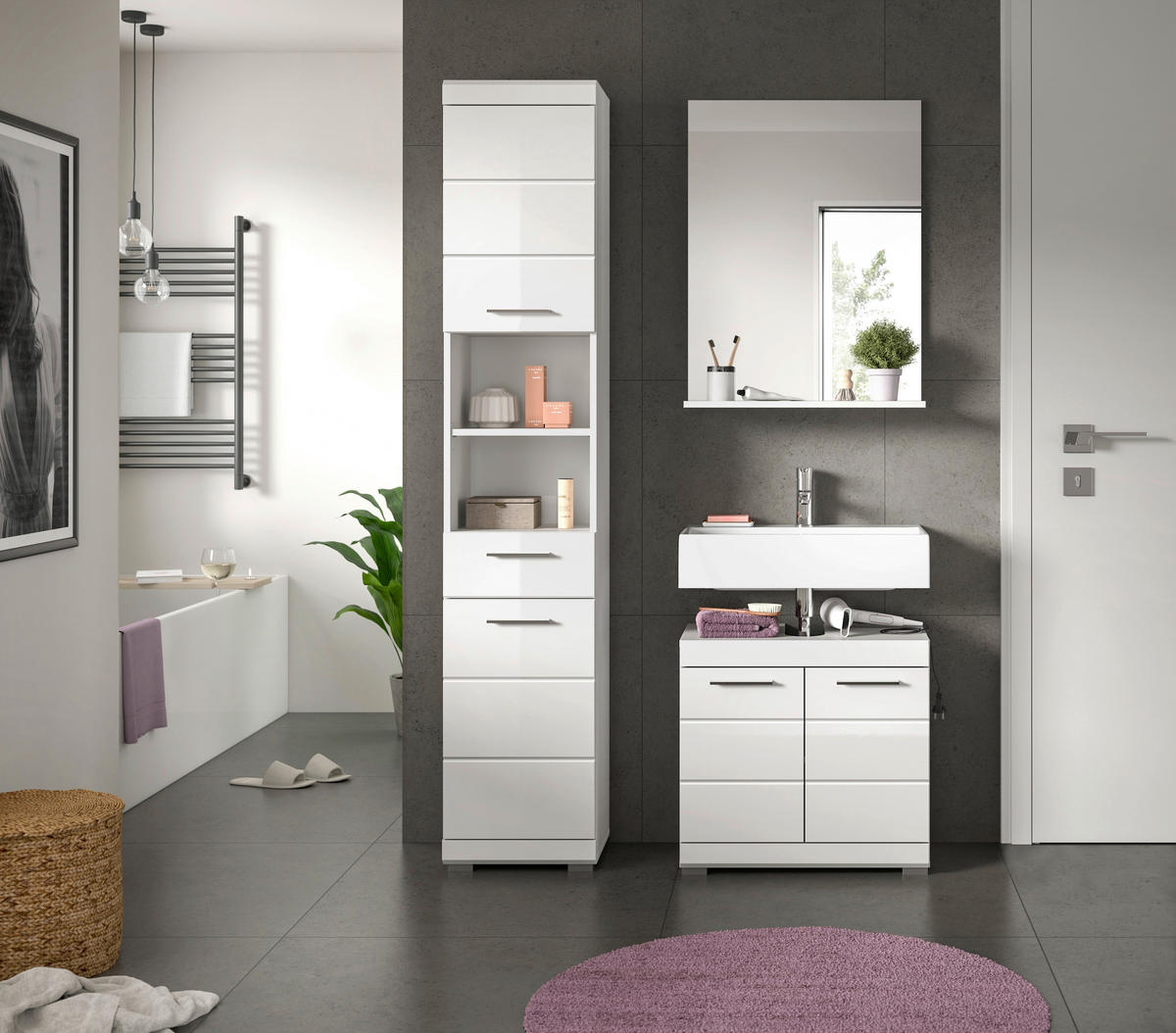 BADEZIMMER 3-teilig  in 97 cm  - Weiß Hochglanz/Silberfarben, MODERN, Glas/Holzwerkstoff (97cm) - MID.YOU