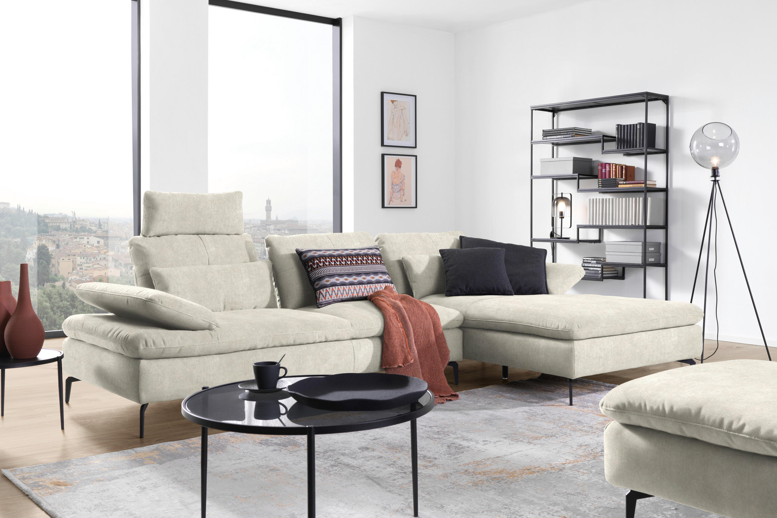 ECKSOFA in Velours Beige  - Beige/Schwarz, Design, Textil/Metall (301/179cm) - Chilliano