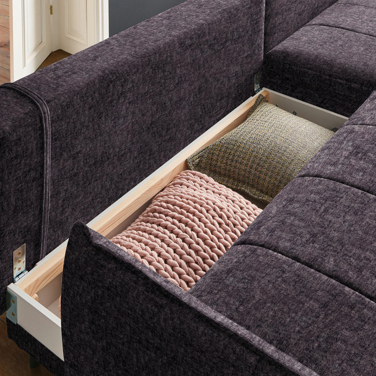 ECKSOFA in Flachgewebe Anthrazit  - Anthrazit/Schwarz, Design, Textil/Metall (273/180cm) - Hom`in