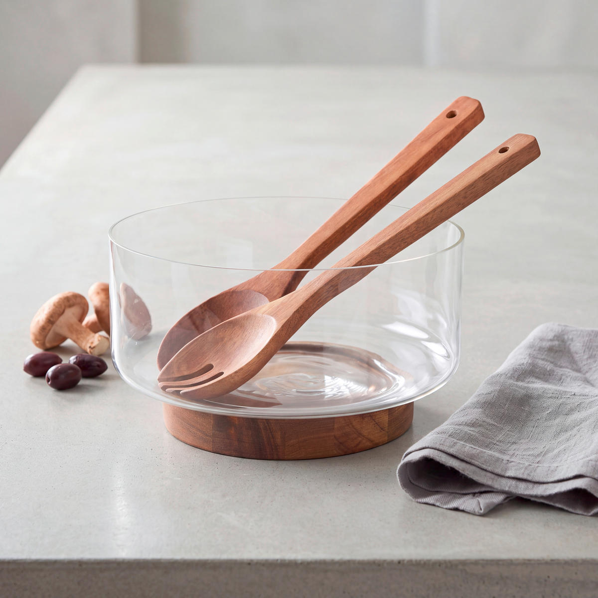 SALATSCHÜSSEL   - Klar/Akaziefarben, Design, Glas/Holz - Ambia Home