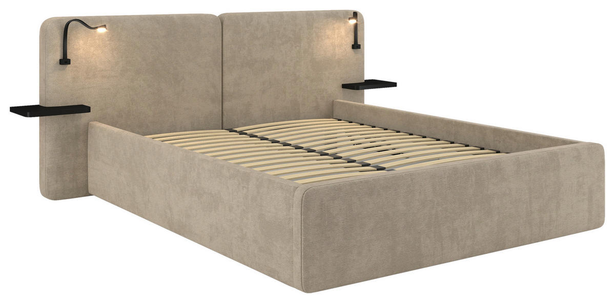 POLSTERBETT 180/200 cm,  in Beige, gepolstertes Kopfteil, Beleuchtung, Lattenrost, H2 + H3 = mittel + fest  - Beige/Schwarz, MODERN, Kunststoff/Textil (180/200cm) - Chameo