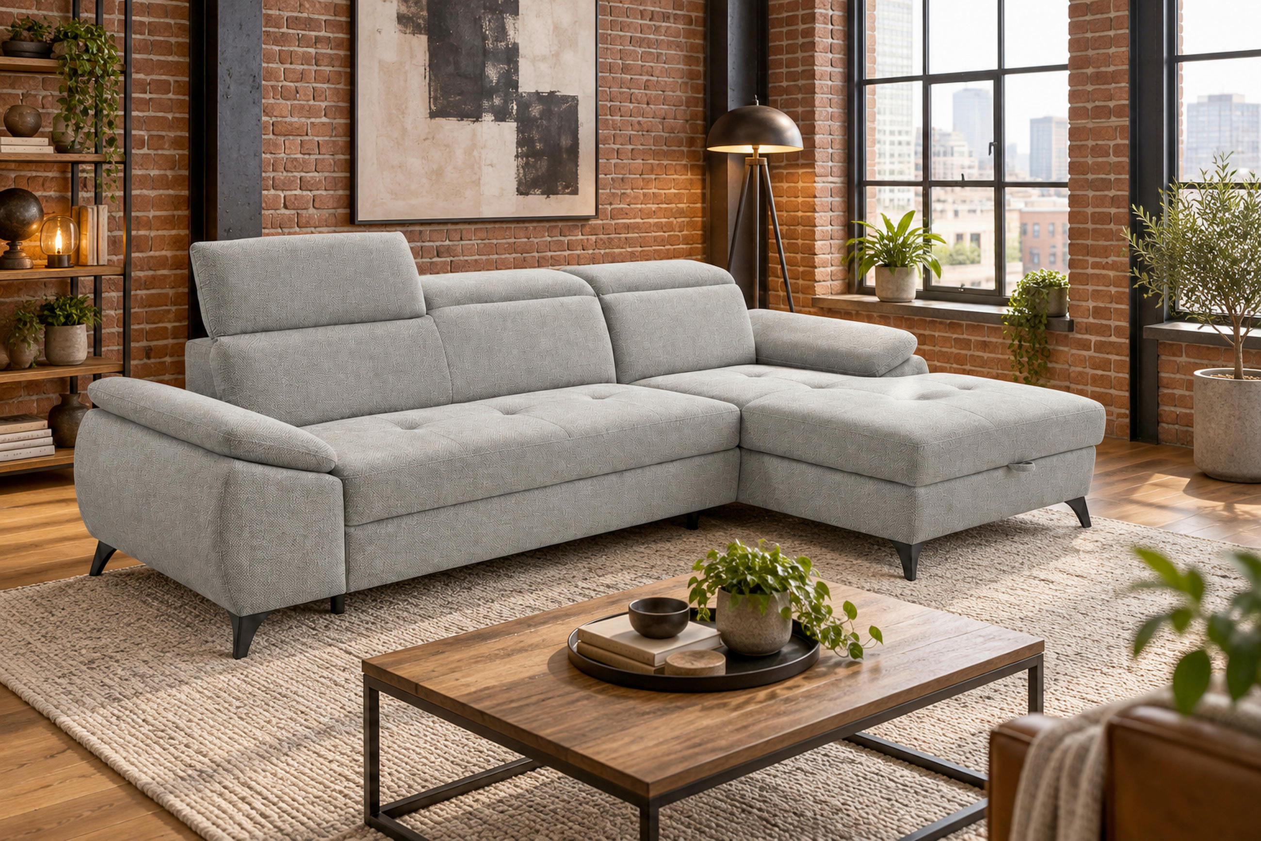 ECKSOFA TAOS Hellgrau Struktur Bettkasten, Schlaffunktion, Rücken echt, Kopfteilverstellung  - Hellgrau/Schwarz, Basics, Holz/Textil (281/166cm) - MID.YOU