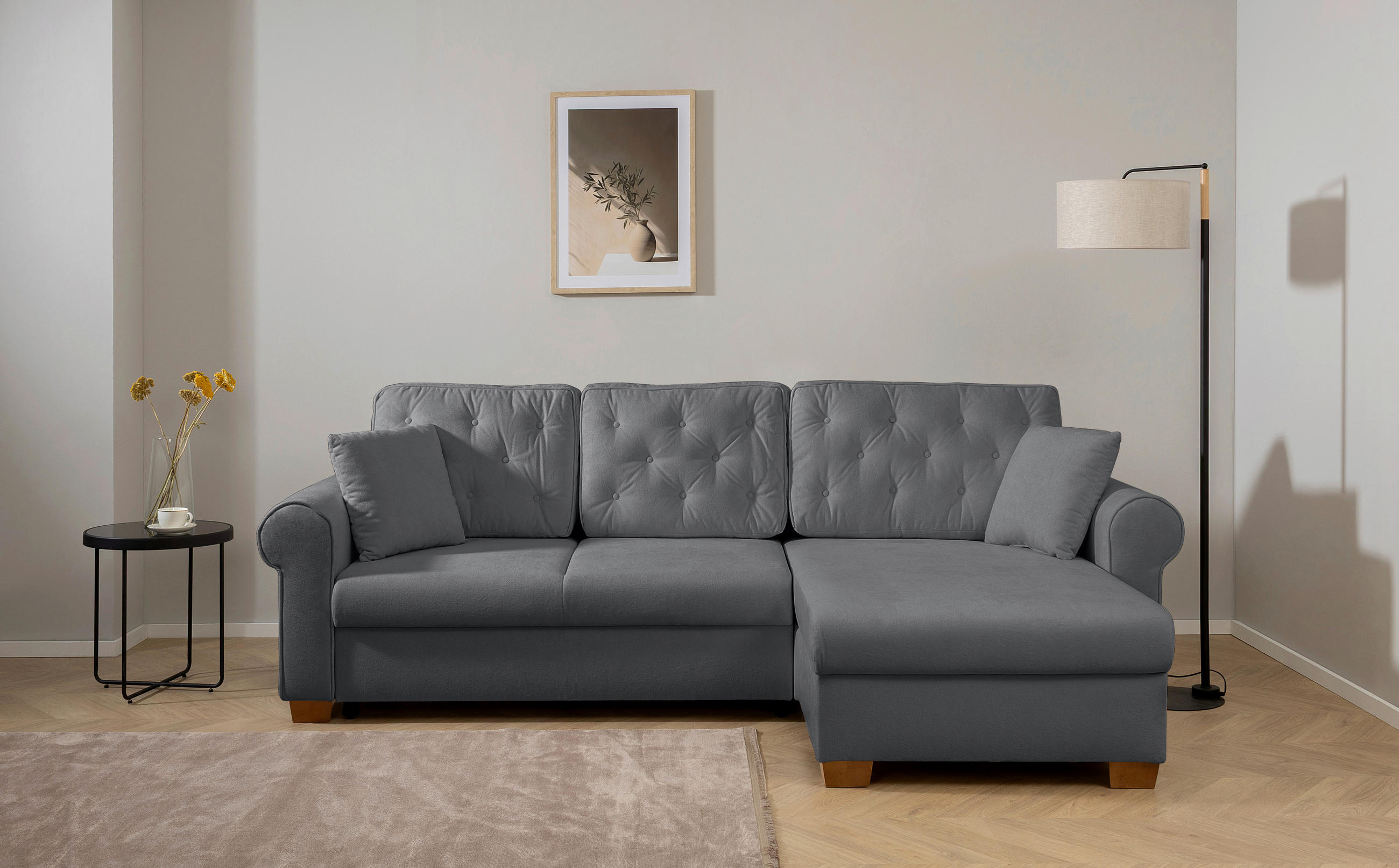 ECKSOFA Arles Dunkelgrau  - Dunkelgrau/Buchefarben, Design, Holz/Textil (266/161cm) - MID.YOU