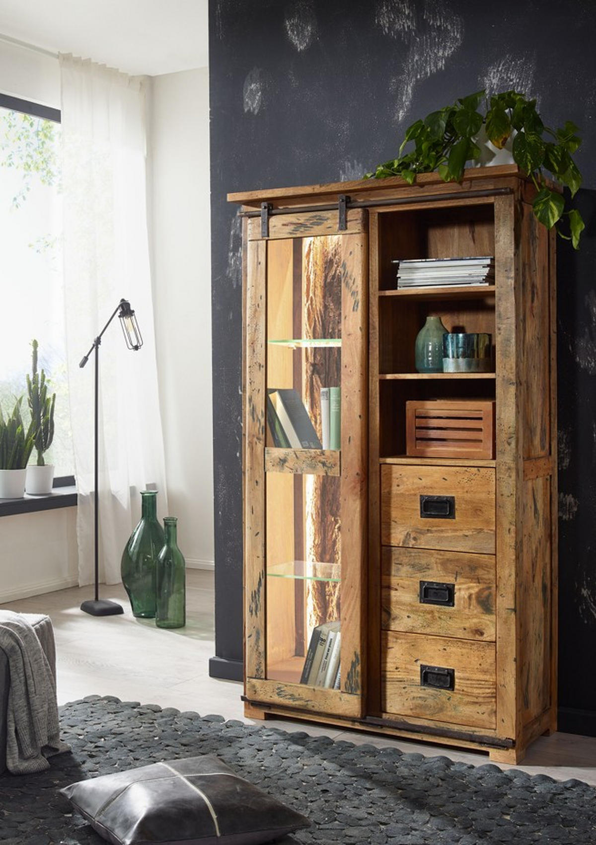 VITRINE  in massiv Mangoholz Braun, Schwarz  - Schwarz/Braun, KONVENTIONELL, Glas/Holz (100/175/45cm) - Livetastic