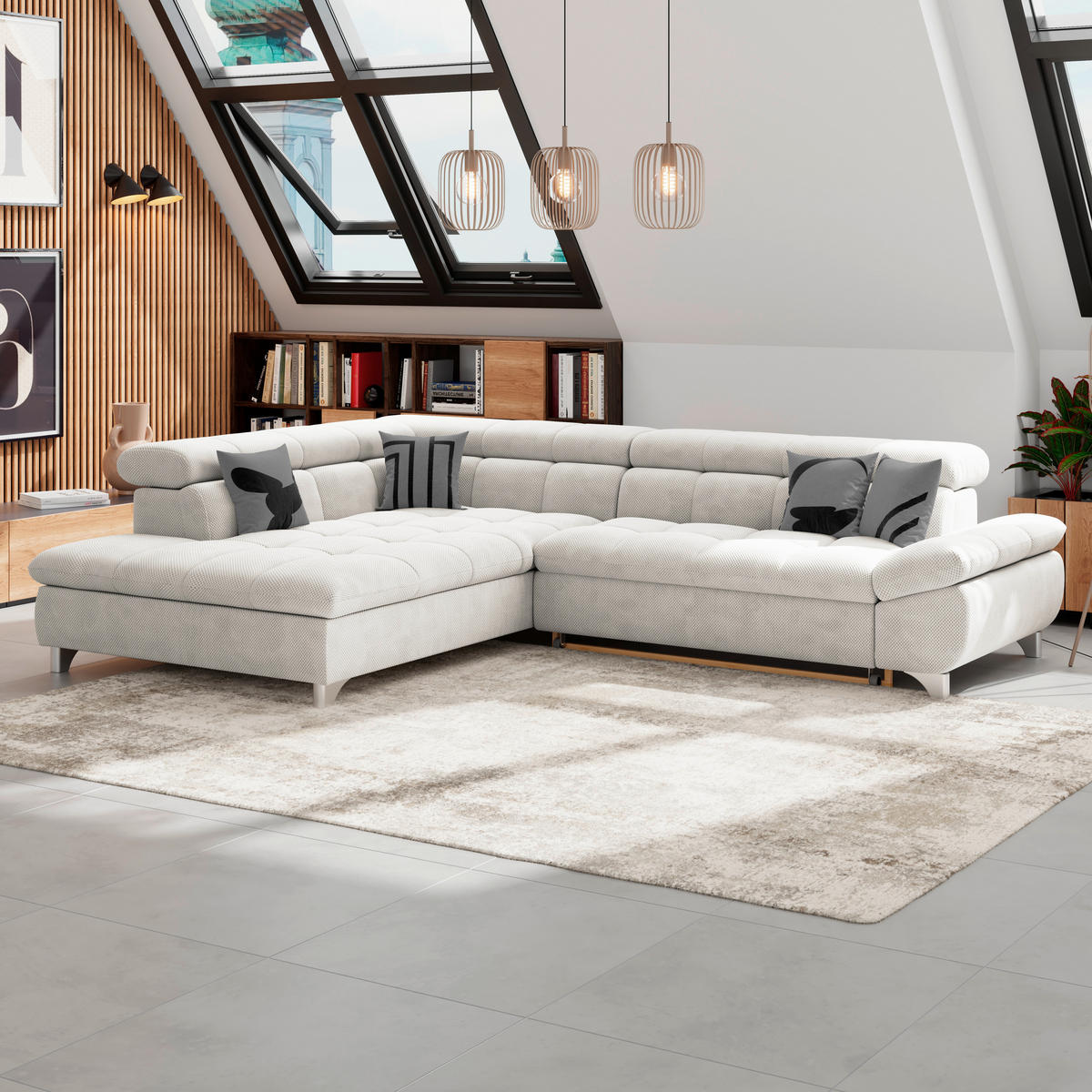 ECKSOFA Creme Chenille  - Chromfarben/Creme, KONVENTIONELL, Textil/Metall (234/312cm) - Livetastic