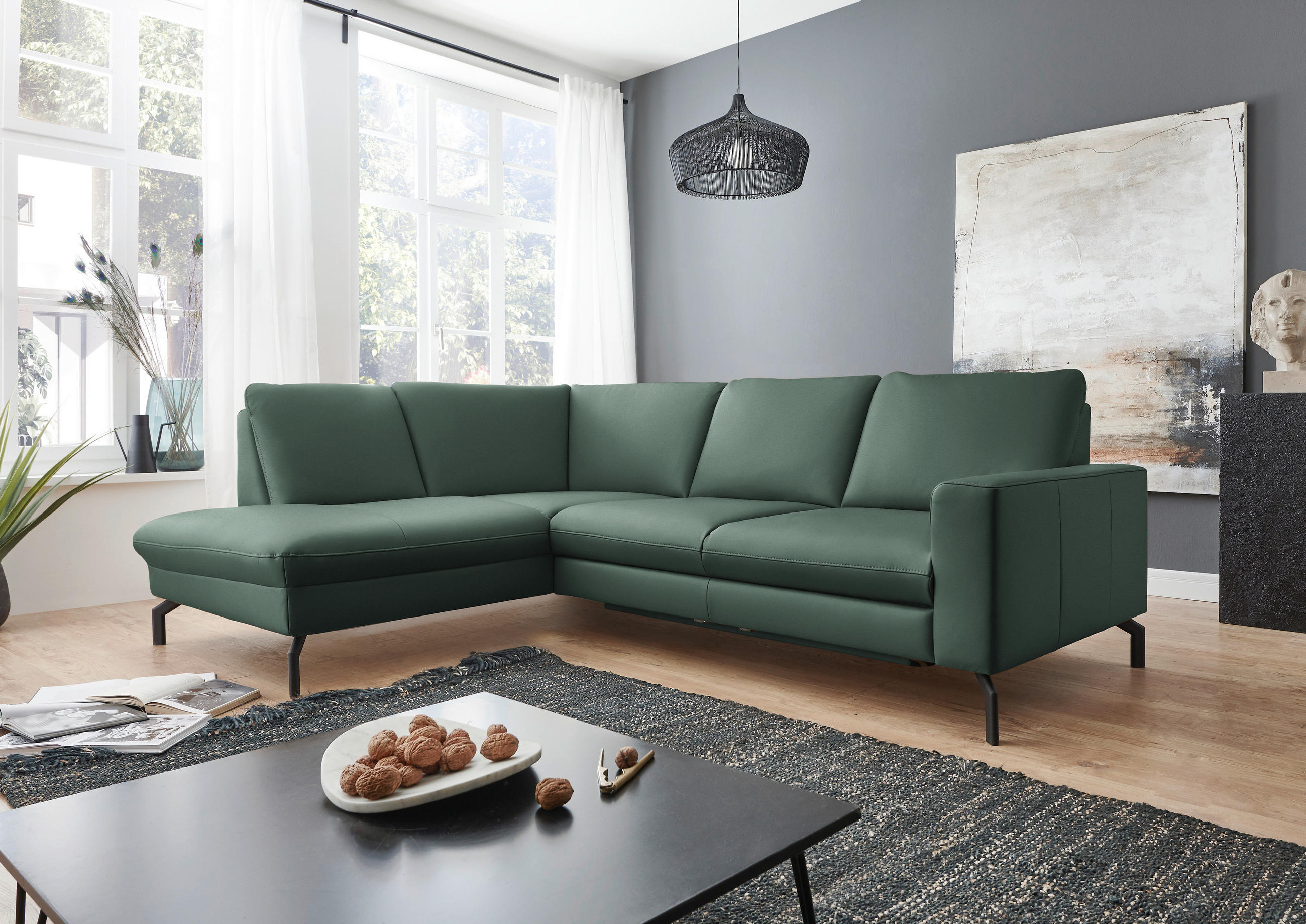 ECKSOFA in Echtleder Opal  - Opal/Schwarz, Design, Leder/Metall (194/250cm) - Beldomo Premium