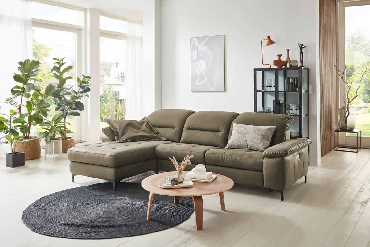 ECKSOFA Olivgrün Mikrofaser Kopfteilverstellung  - Chromfarben/Olivgrün, Design, Textil/Metall (184/280cm) - Pure Home Comfort