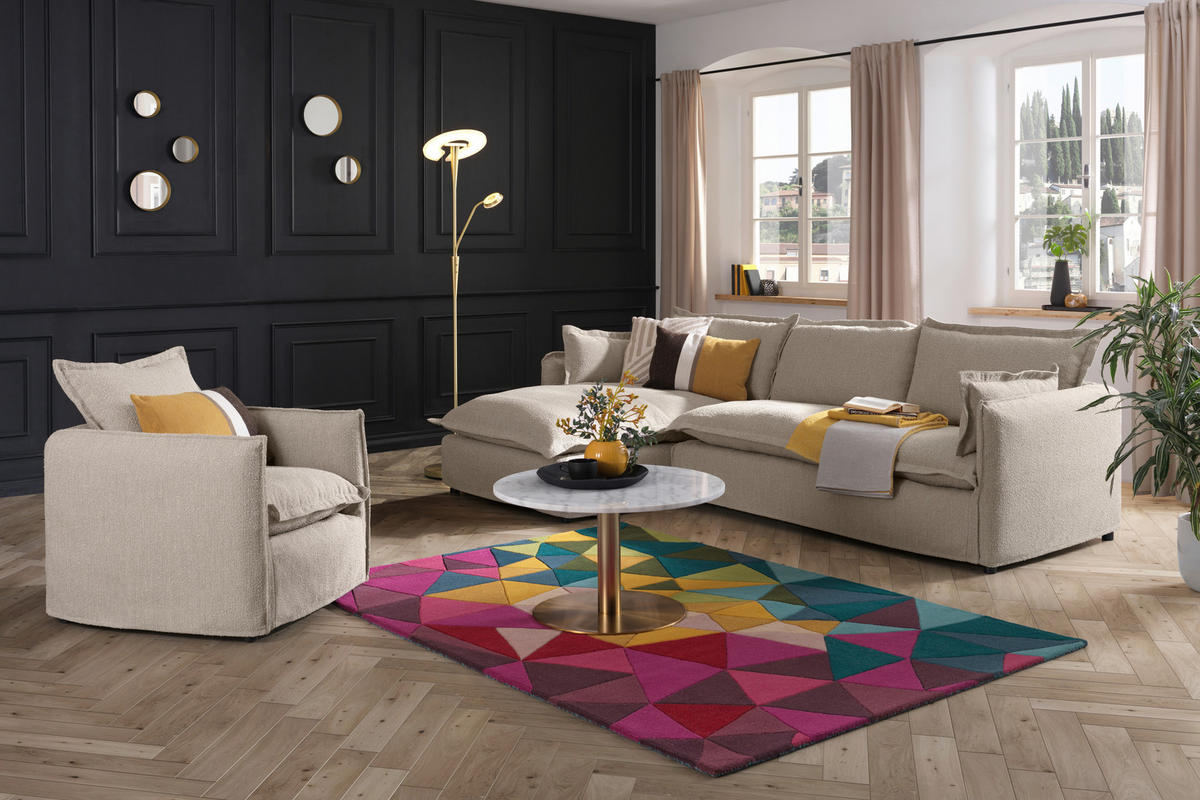 HUSSEN-ECKSOFA in Flachgewebe, Bouclé Beige  - Beige/Schwarz, Trend, Textil/Metall (165/295cm) - Livetastic