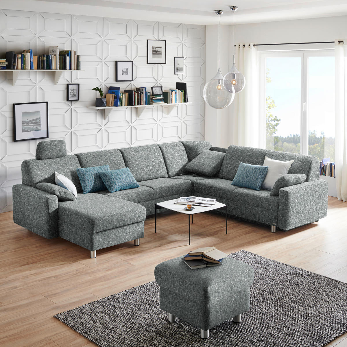 WOHNLANDSCHAFT  in Mikrovelours Graugrün  - Alufarben/Graugrün, KONVENTIONELL, Kunststoff/Textil (158/322/236cm) - Sedda