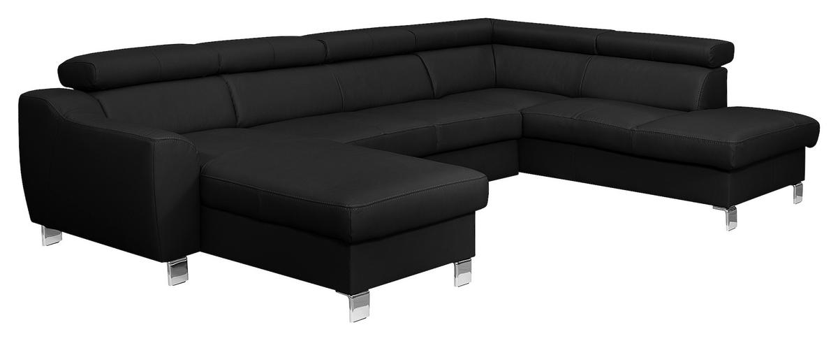 WOHNLANDSCHAFT in Lederlook Echtleder Schwarz  - Chromfarben/Schwarz, Design, Leder/Textil (91/315/208cm) - Livetastic