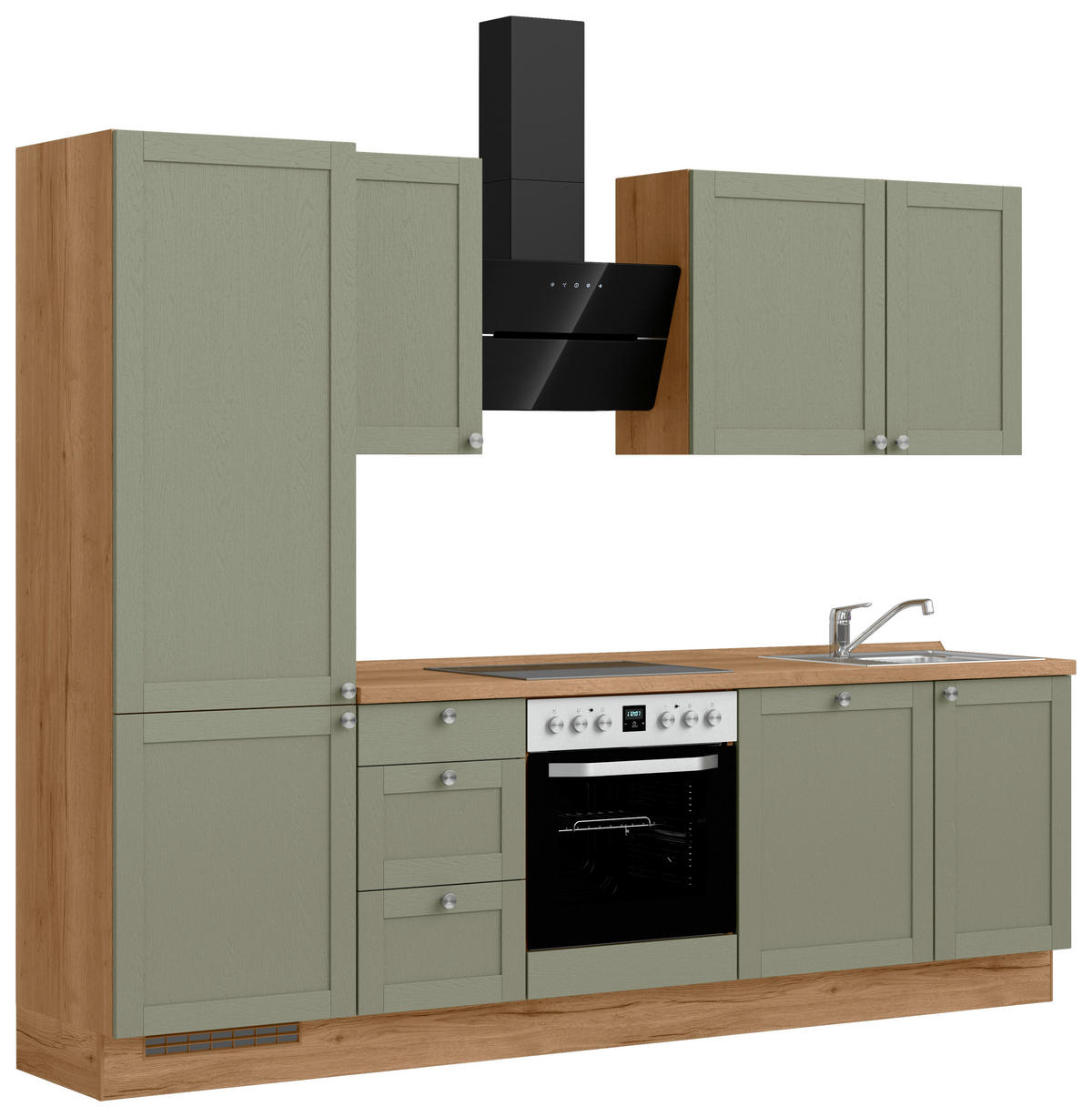 KÜCHENBLOCK Frame 270 cm  in Eichefarben, Olivgrün  - Edelstahlfarben/Eichefarben, MODERN, Holzwerkstoff/Metall (270cm) - Nobilia