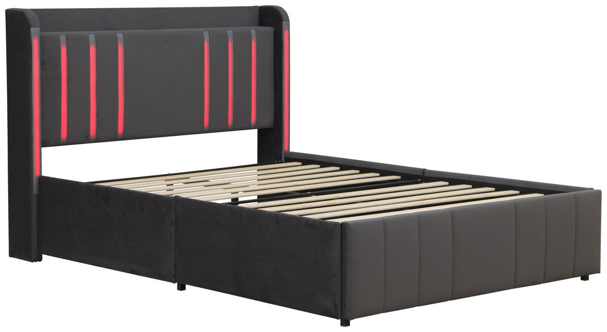 POLSTERBETT 140/200 cm,  in Dunkelgrau, gepolstertes Kopfteil, Beleuchtung, Lattenrost,  - Dunkelgrau/Schwarz, Design, Holz/Textil (140/200cm) - Boxxx
