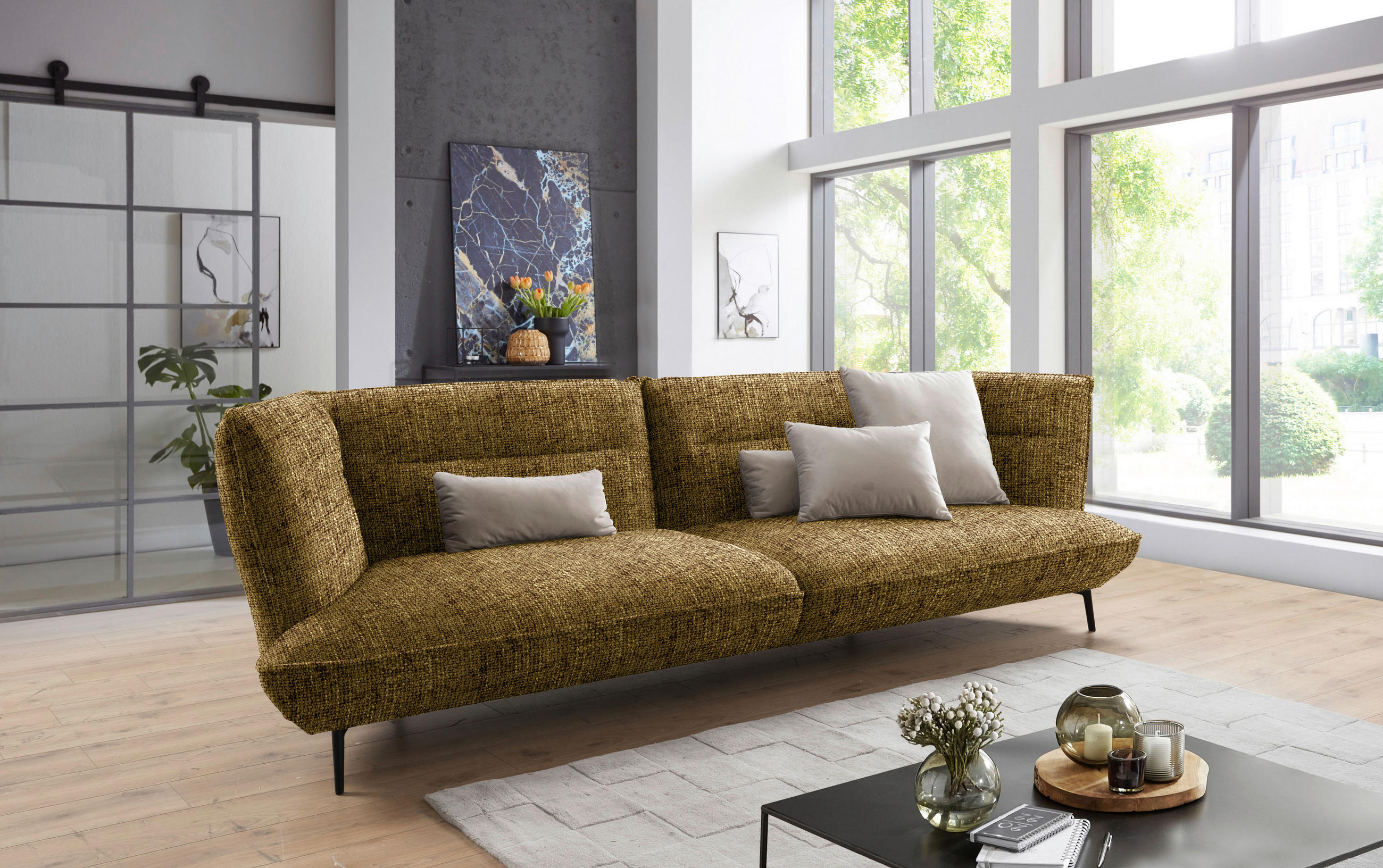 MEGASOFA in Flachgewebe Gelb, Grün  - Gelb/Schwarz, Design, Holzwerkstoff/Textil (339/92/99cm) - Moderano