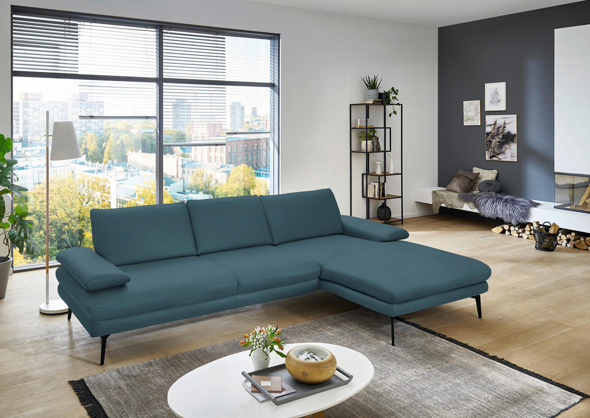 ECKSOFA in Echtleder Blau  310/180 cm  - Blau/Schwarz, Design, Leder/Metall (310/180cm) - Dieter Knoll