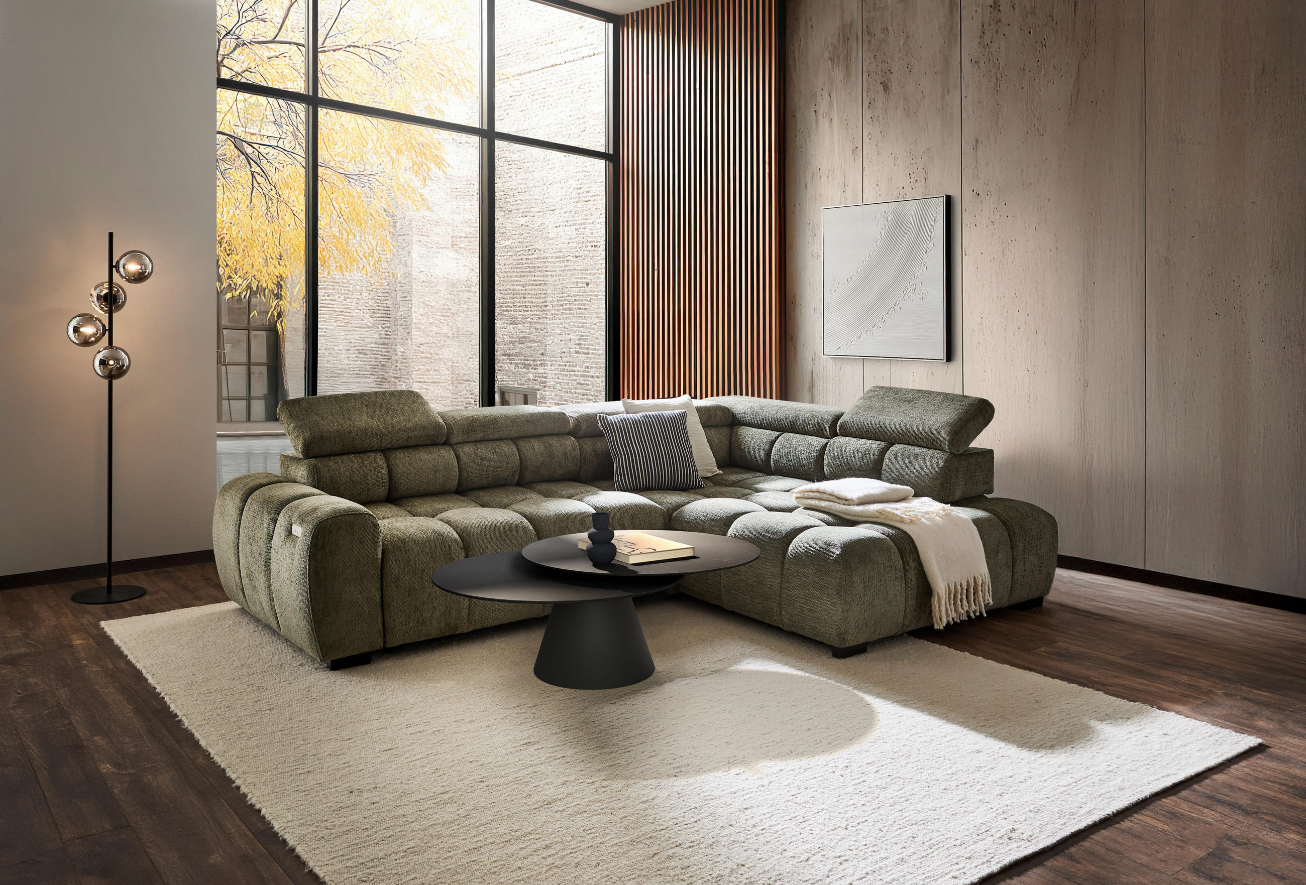 ECKSOFA inkl. Funktionen Olivgrün Webstoff  - Schwarz/Olivgrün, MODERN, Kunststoff/Textil (297/205cm) - Welnova