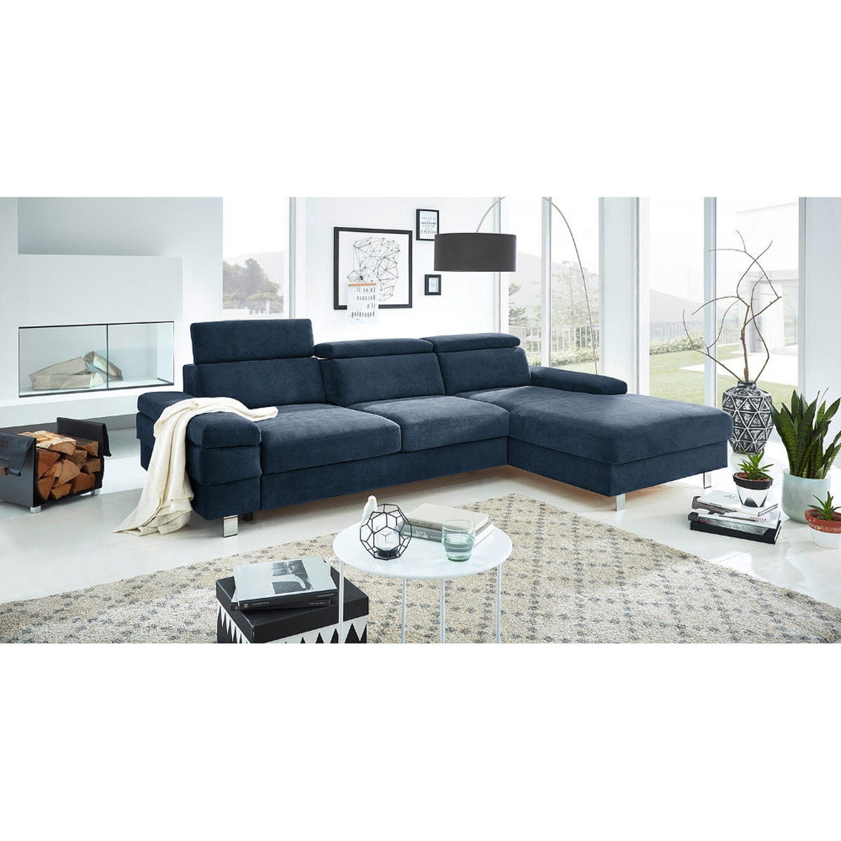 ECKSOFA in Webstoff Dunkelblau  - Silberfarben/Dunkelblau, Konventionell, Textil/Metall (182/82/260cm) - Trendmanufaktur