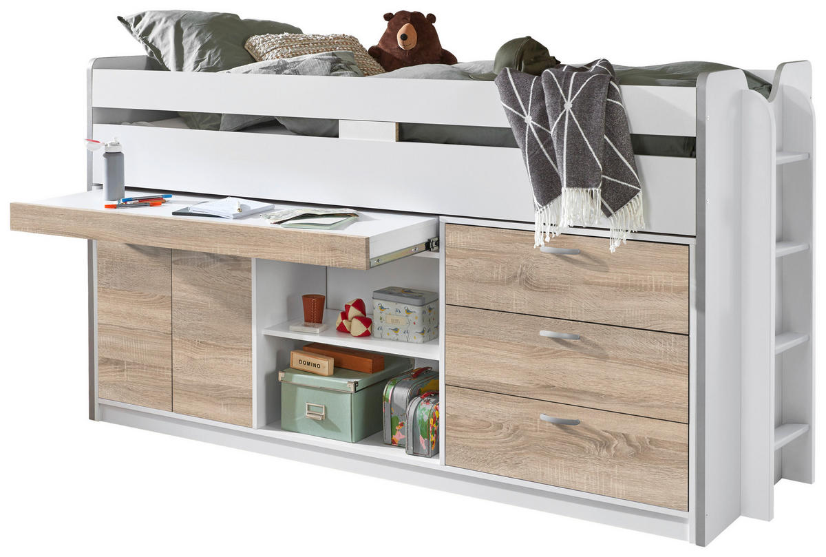 SREDNJE VISOKA POSTELJA - bela/hrast sonoma, Moderno, leseni material (90/200cm) - Livetastic