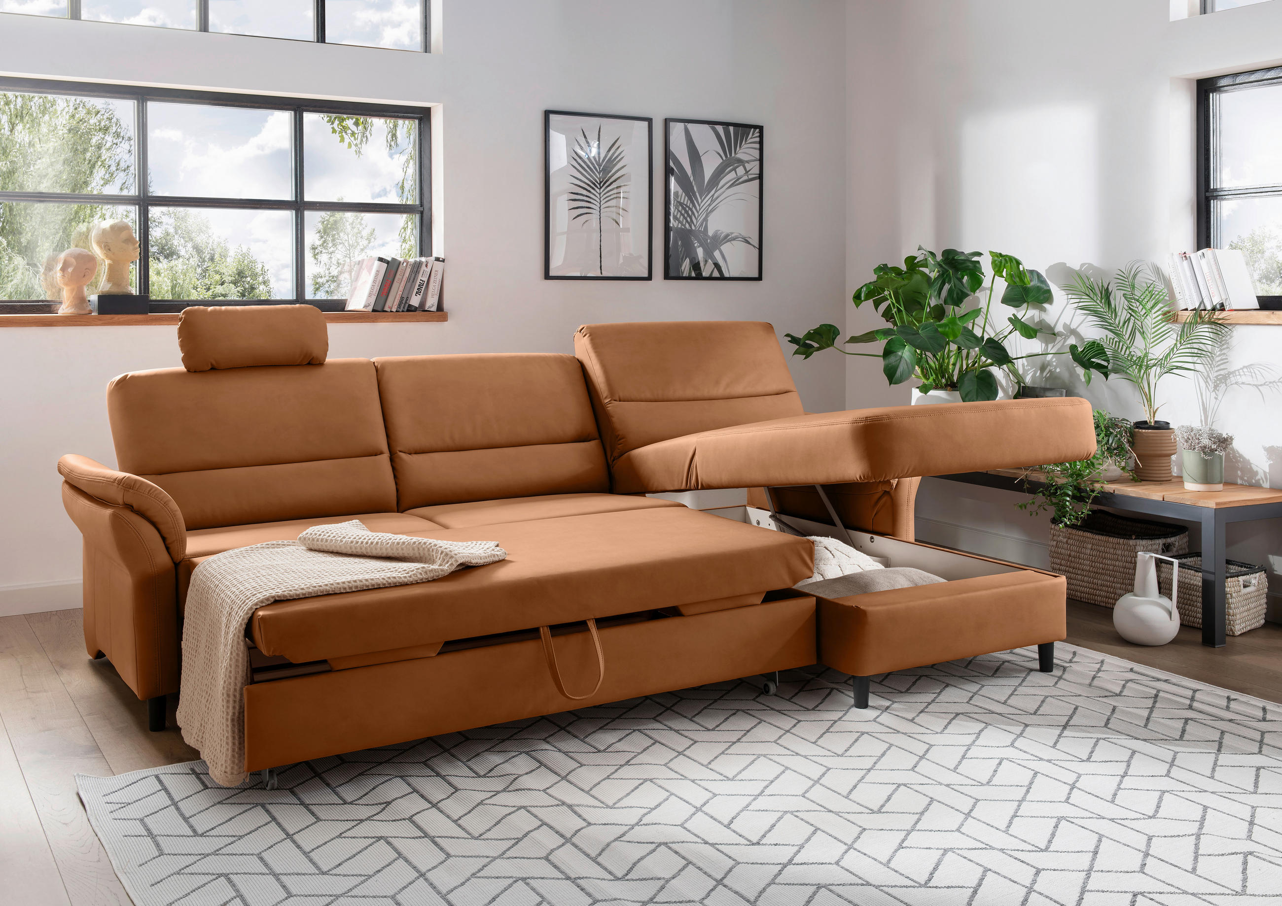 ECKSOFA in Lederlook Cognac - Cognac/Schwarz, Modern, Holz/Textil (279/176cm) - Livetastic