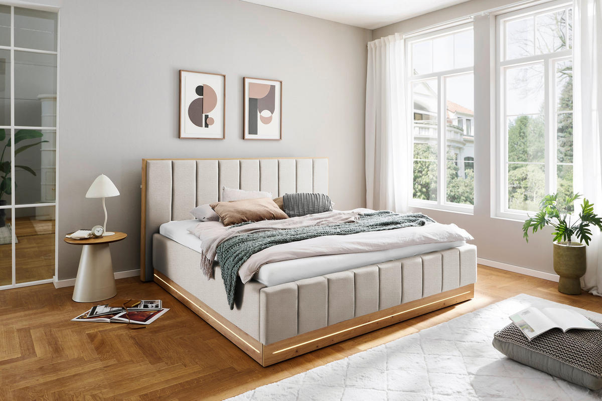 POLSTERBETT Beleuchtung Beige 180/200 cm  - Eichefarben/Beige, Basics, Holzwerkstoff/Textil (180/200cm) - Chameo