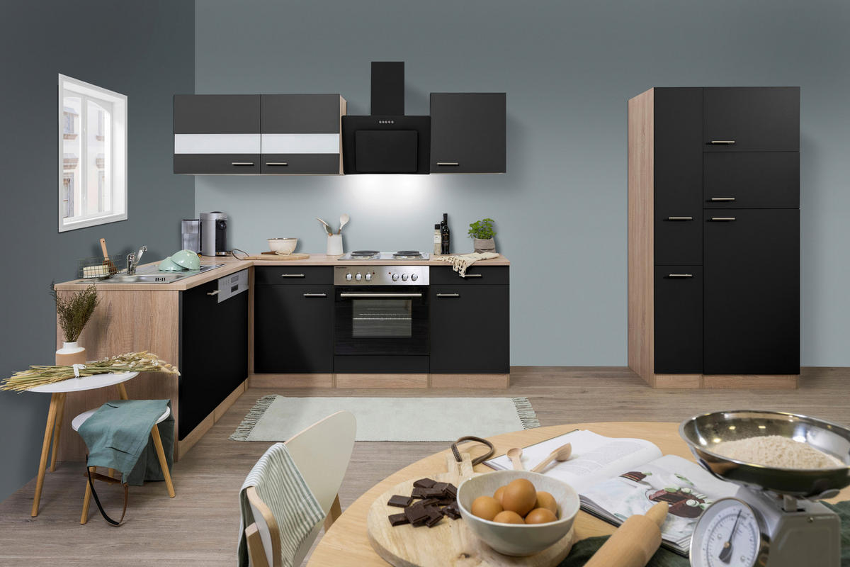 ECKKÜCHE 172/310 cm  in Schwarz, Eichefarben  - Edelstahlfarben/Eichefarben, Basics, Glas/Holzwerkstoff (172/310cm) - Respekta