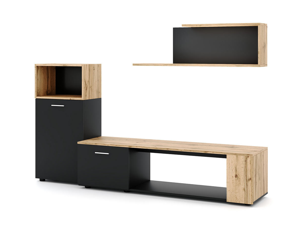 WOHNWAND 3-teilig  in Eiche Wotan, Schwarz  200/160/40 cm  - Silberfarben/Eiche Wotan, Design, Holzwerkstoff/Kunststoff (200/160/40cm) - MID.YOU