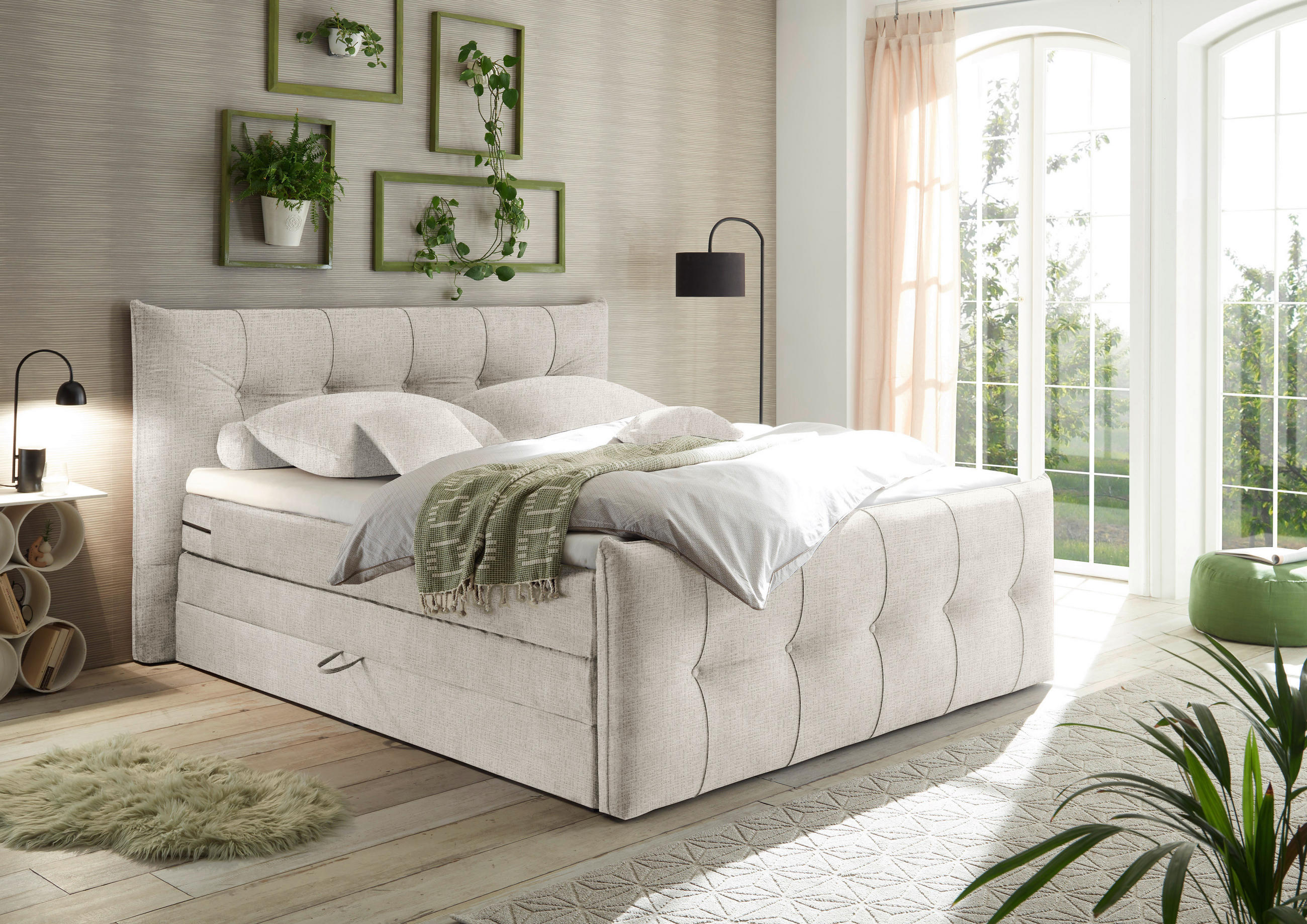 BOXSPRINGBETT 180/200 cm  in Creme  - Creme/Schwarz, Basics, Holzwerkstoff/Kunststoff (180/200cm) - Esposa