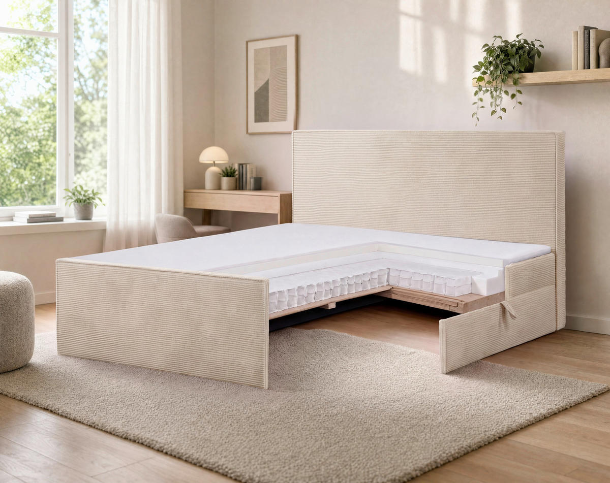 BOXBETT 180/200 cm,  in Beige, gepolstertes Kopfteil, Bettkasten, Topper, Matratzen, H3 + H3 = fest  - Beige/Schwarz, Basics, Kunststoff/Textil (180/200cm) - Chameo