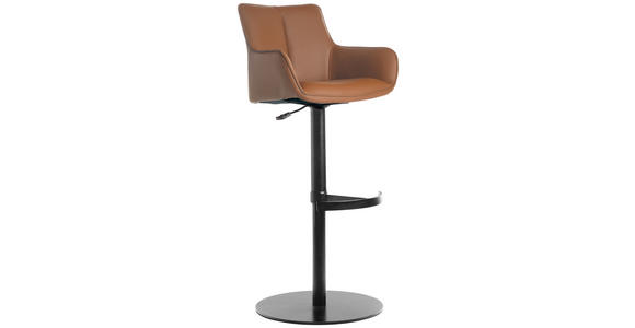 BARHOCKER Echtleder Schwarz, Cognac Eisen Lederauswahl, Sitzfläche 360° drehbar, automatische Rückholfunktion  - Cognac/Schwarz, Design, Leder/Metall (54/92-112/55cm) - Novel