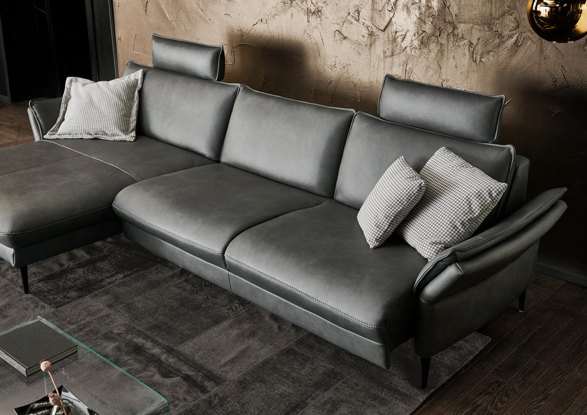 ECKSOFA in Echtleder Anthrazit  172/334 cm  - Anthrazit/Schwarz, Design, Leder/Metall (172/334cm) - Hukla