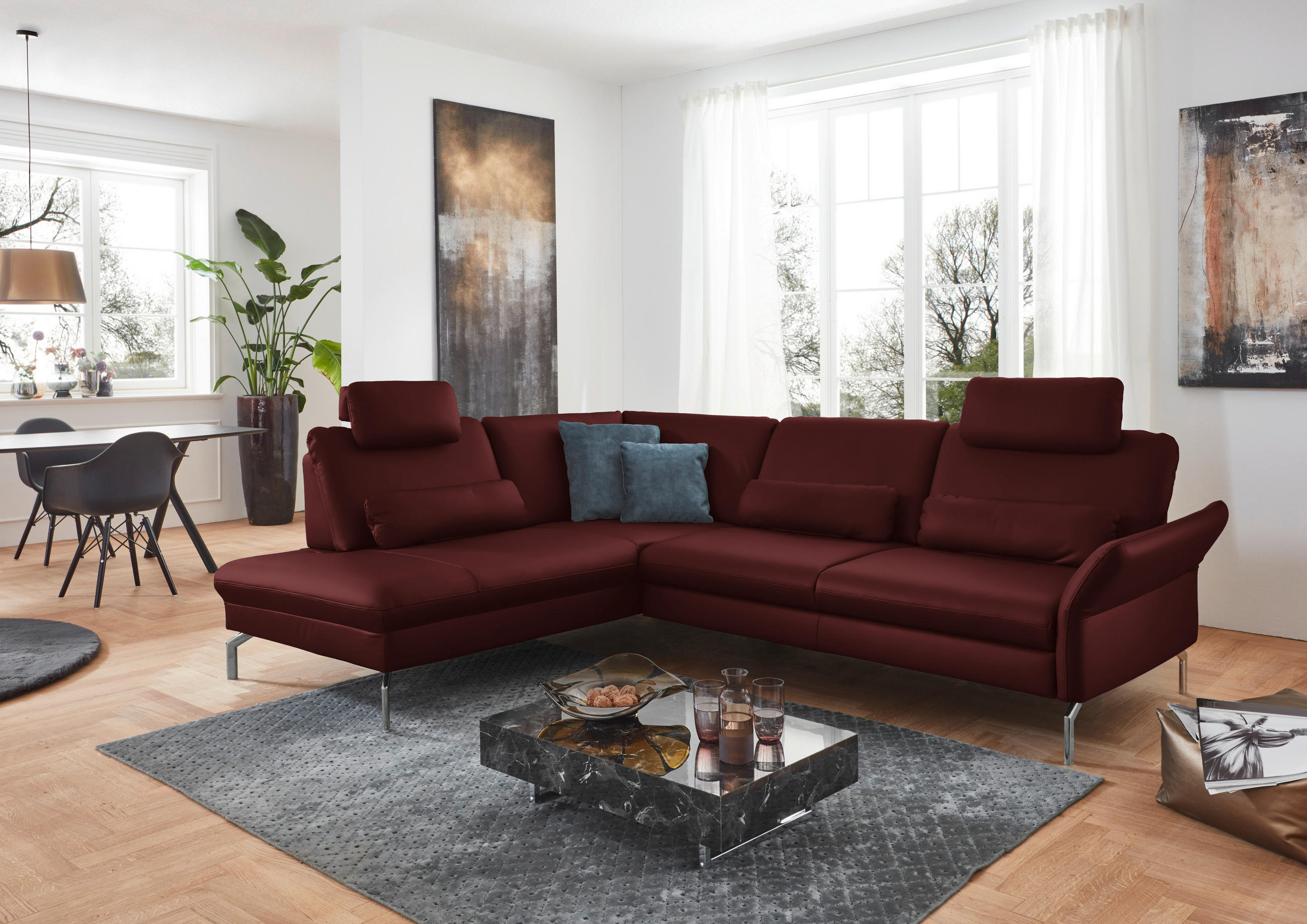 ECKSOFA in Echtleder Brombeere  - Brombeere/Alufarben, Konventionell, Leder/Metall (220/284cm) - Beldomo Premium