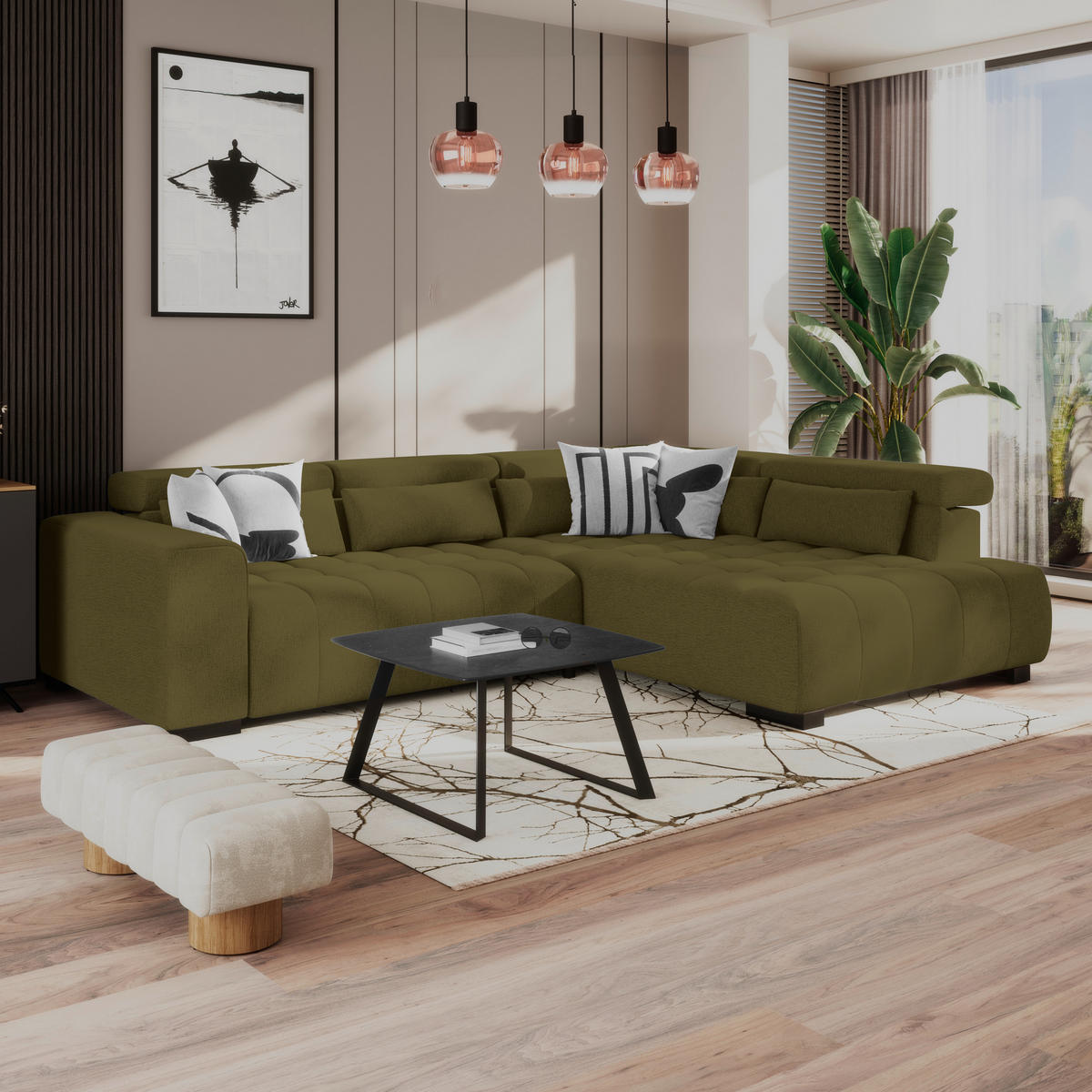 ECKSOFA MATERA Olivgrün Chenille, Struktur Nierenkissen, Kopfteilverstellung, Sitzvorzug  - Schwarz/Olivgrün, Trend, Holz/Textil (311/226cm) - MID.YOU
