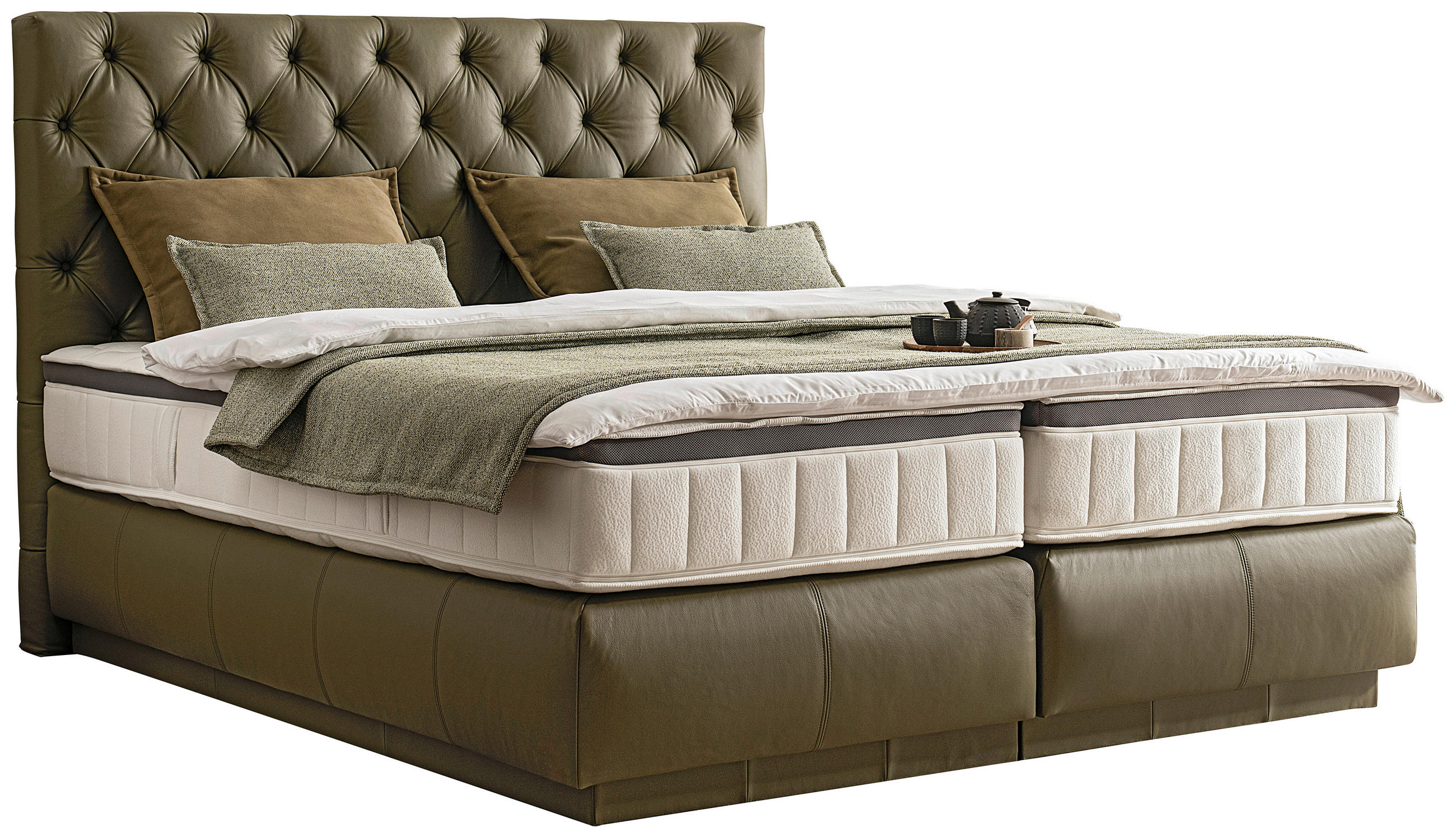 BOXSPRINGBETT 180/200 cm,  in Grün, gepolstertes Kopfteil, Topper, Matratzen, H3 + H4 = fest + sehr fest  - Schwarz/Grün, Design, Leder/Textil (180/200cm) - Novel