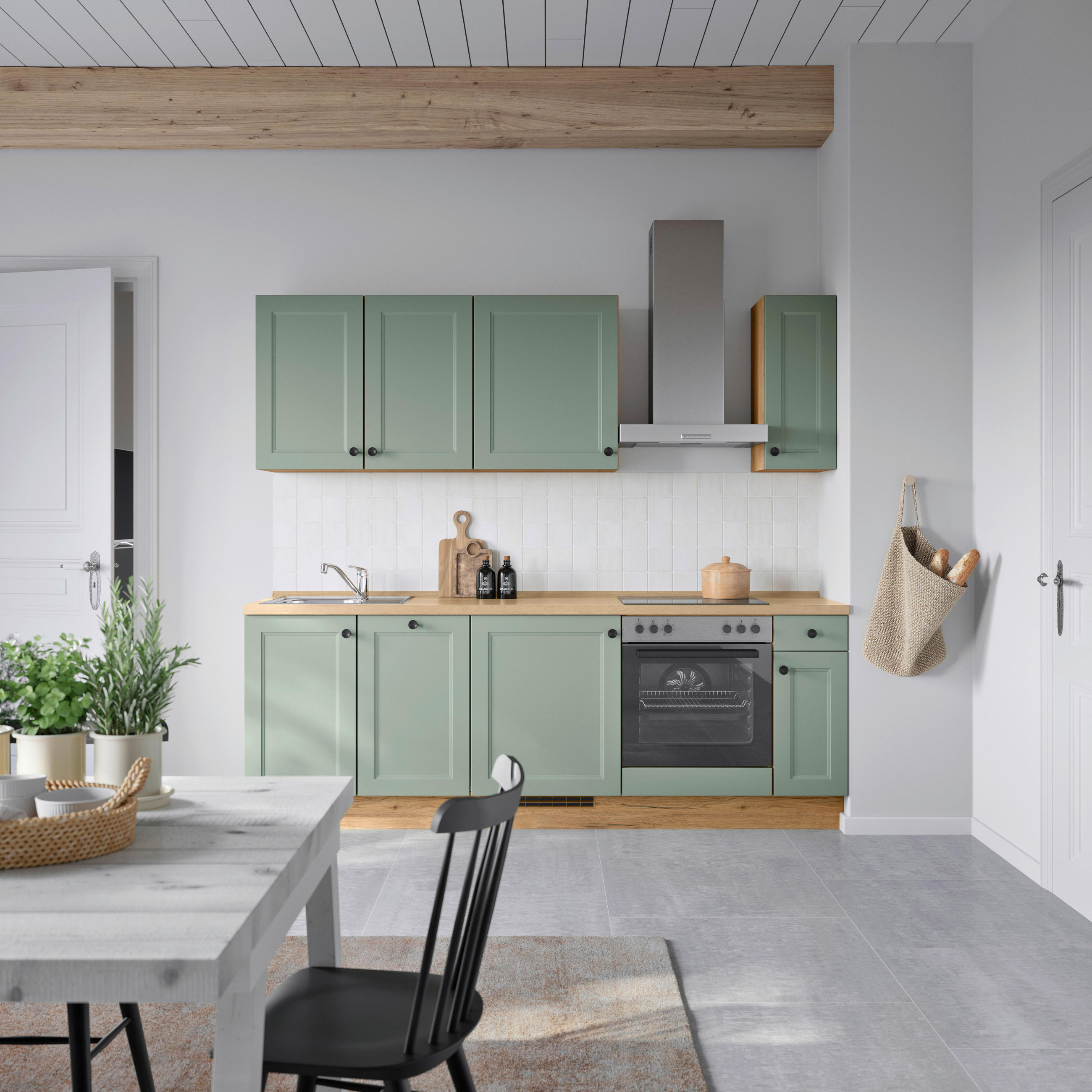 BUCĂTĂRIE FĂRĂ ELECTROCASNICE  - verde/culoare lemn stejar, Modern, metal/material pe bază de lemn (240cm) - Nobilia