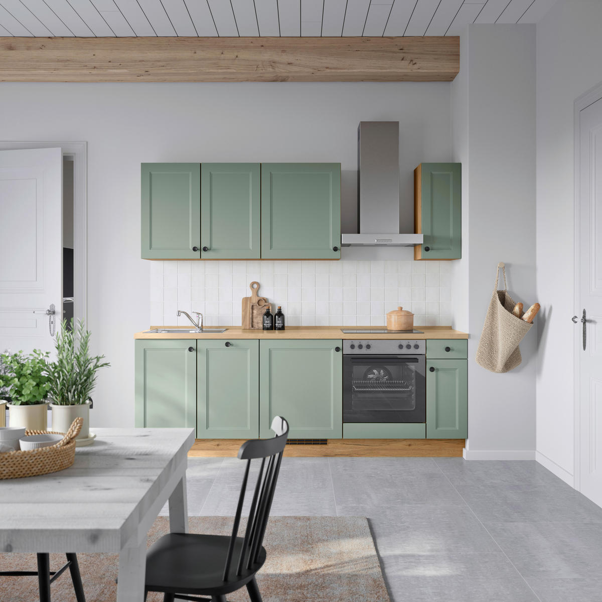 BUCĂTĂRIE FĂRĂ ELECTROCASNICE  - verde/culoare lemn stejar, Modern, metal/material pe bază de lemn (240cm) - Nobilia