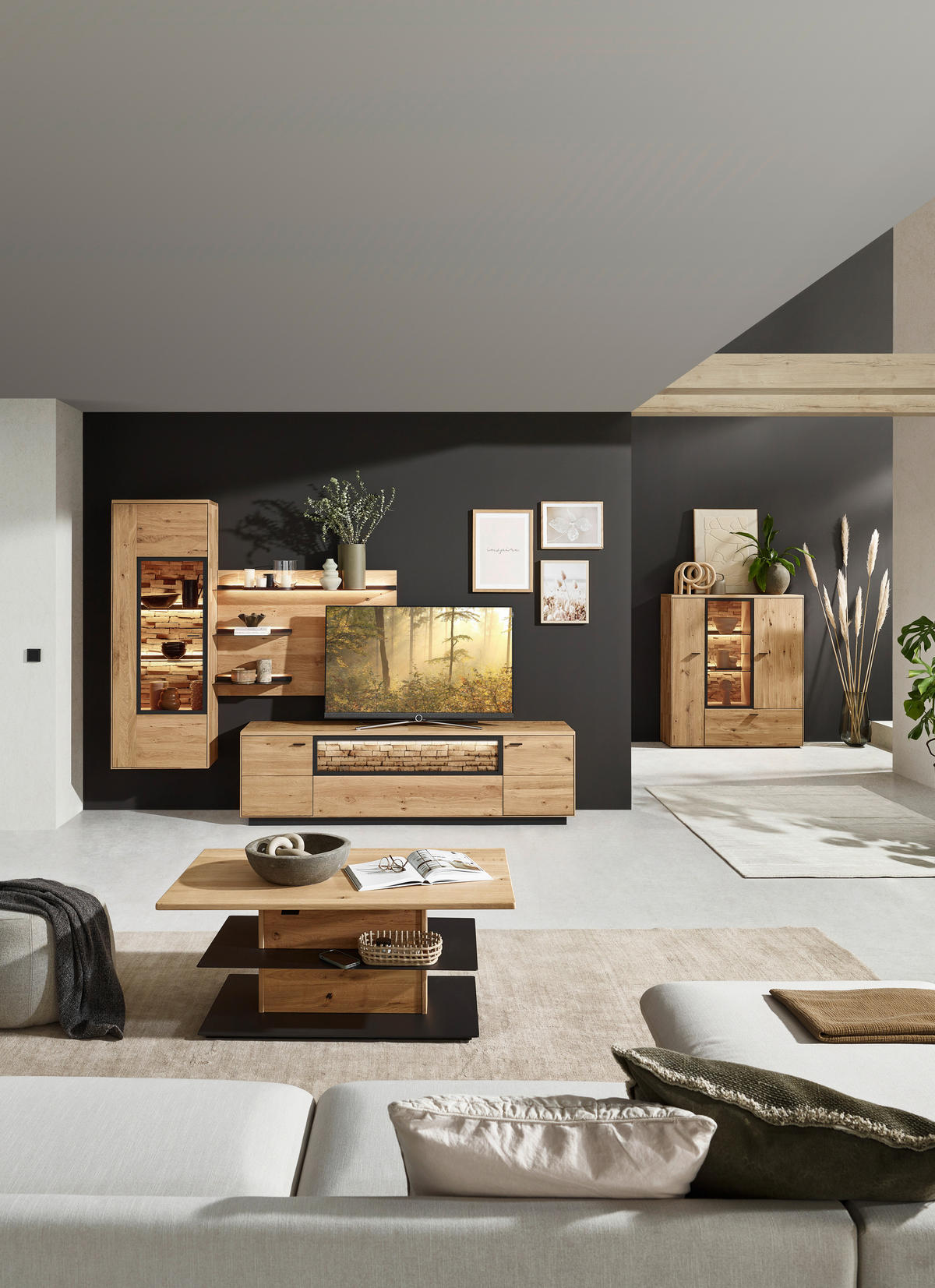 WOHNWAND  in Wildeiche  293,8/207,1/37,1 cm  - Wildeiche/Graphitfarben, Natur, Glas/Holz (293,8/207,1/37,1cm) - Valnatura