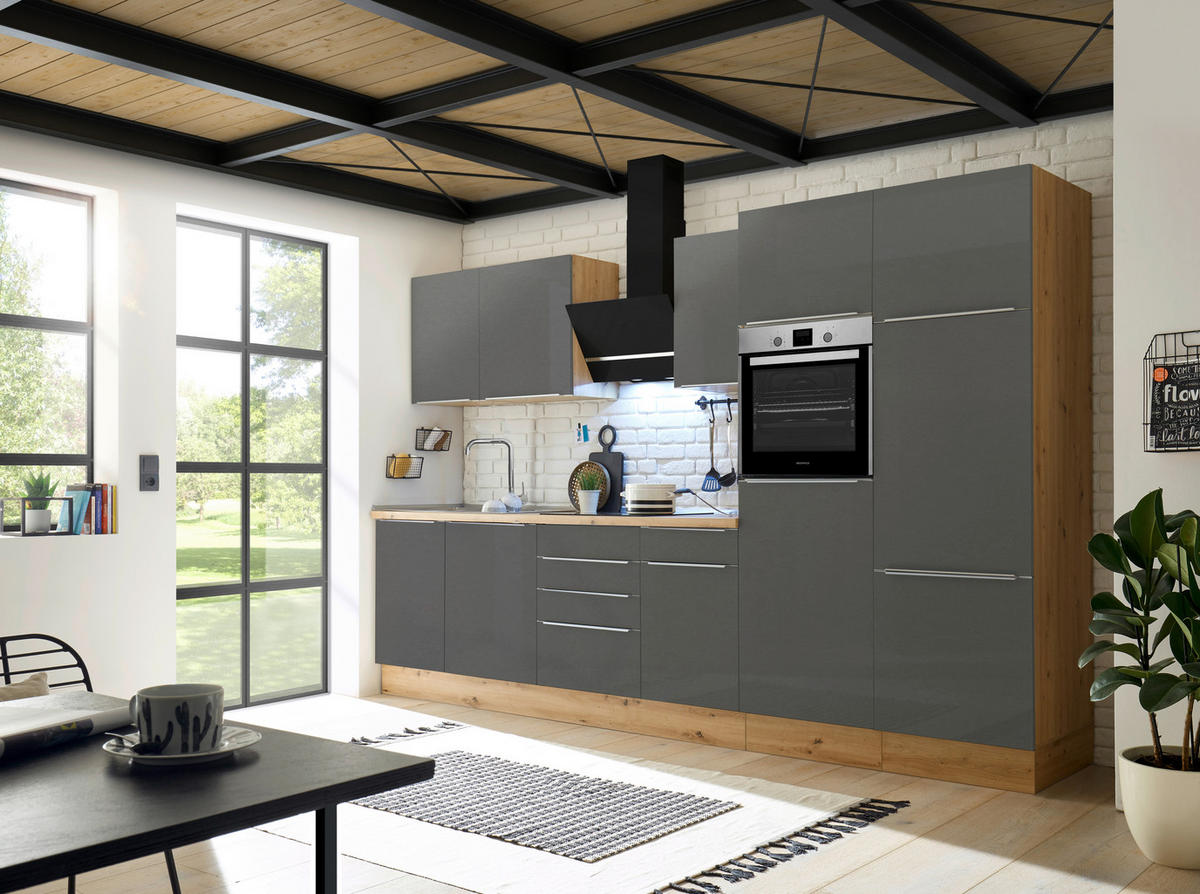 MODULKÖK 340 cm   i antracit, grå, ek Artisan  - aluminiumfärg/ek Artisan, Lifestyle, trämaterial/plast (340cm) - Respekta