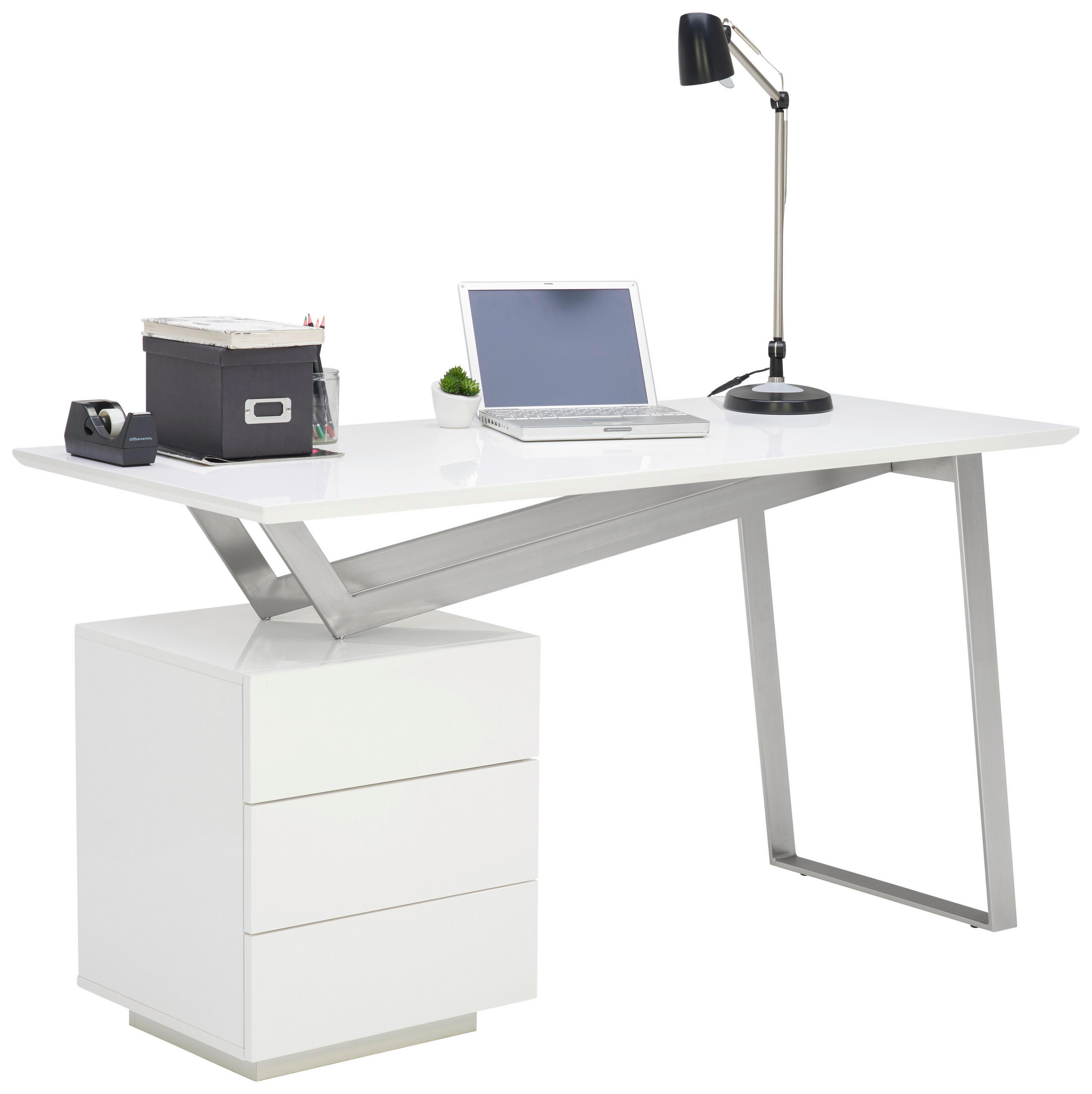 SCHREIBTISCH 140/60/76 cm  in Weiß, Edelstahlfarben, Weiß Hochglanz  - Edelstahlfarben/Weiß Hochglanz, MODERN, Holzwerkstoff/Metall (140/60/76cm) - Novel