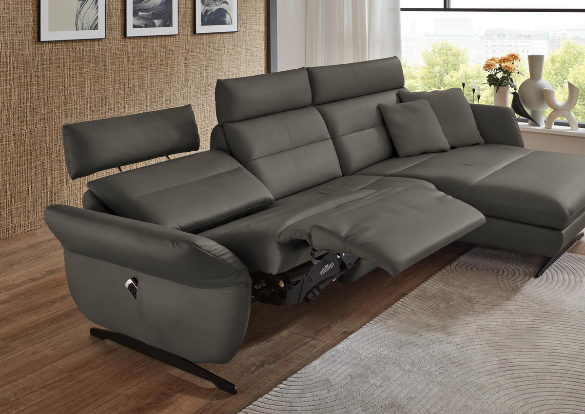 ECKSOFA in Echtleder Dunkelgrau  - Dunkelgrau/Schwarz, Design, Leder/Metall (300/157cm) - Dieter Knoll