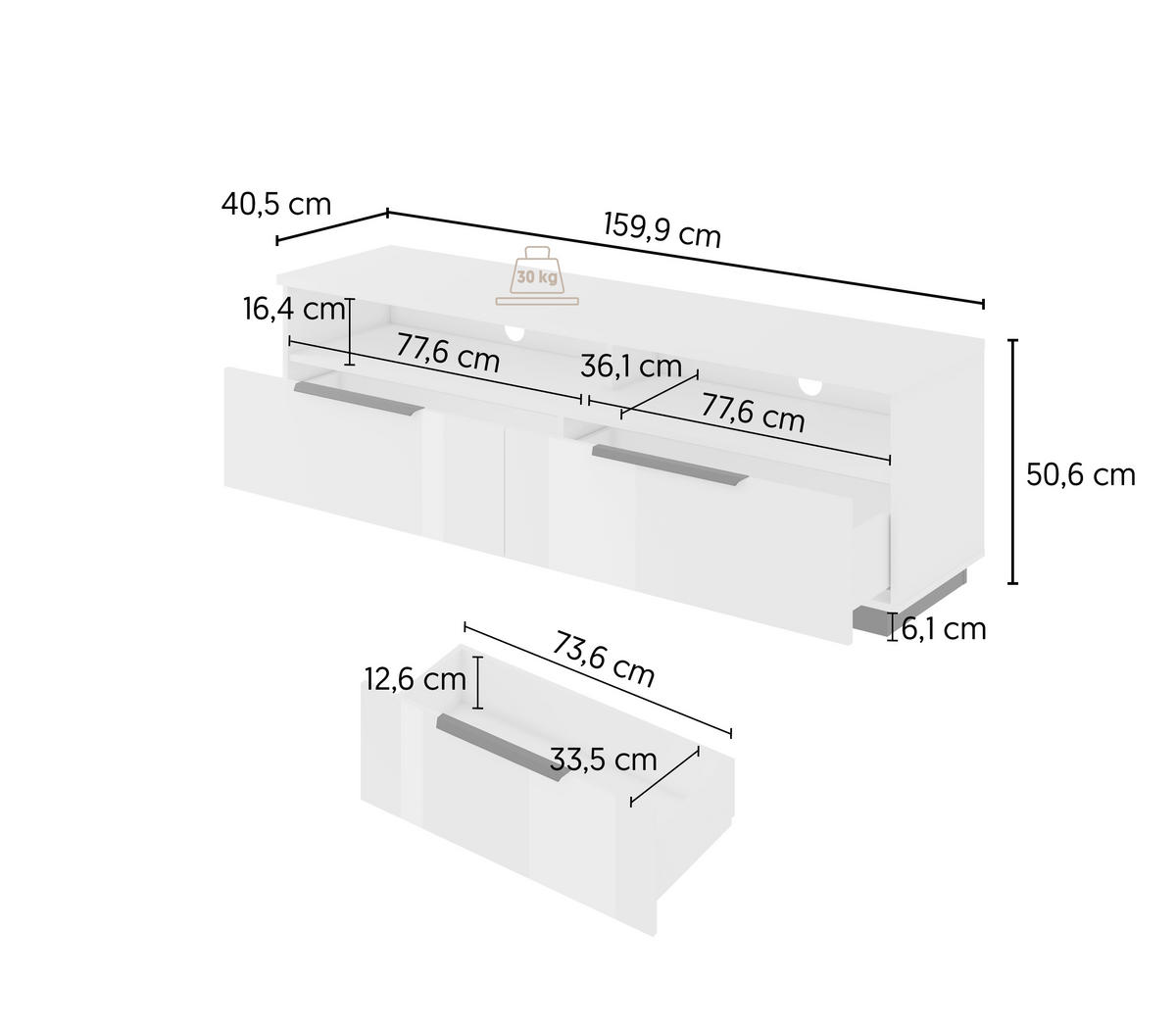 LOWBOARD Tuluza 159,9/50,6/40,5 cm 2 Schublade(n) stehend  - Weiss Hochglanz/Weiss, Design, Holzwerkstoff/Metall (159,9/50,6/40,5cm) - MID.YOU