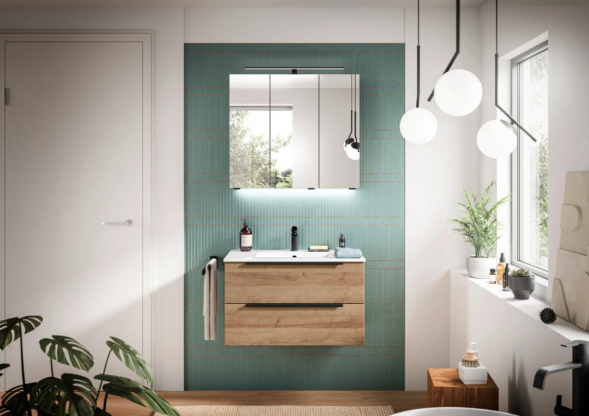 BADEZIMMER 3-teilig  in 81 cm  - Eichefarben/Schwarz, Natur, Glas/Keramik (81cm) - Sadena