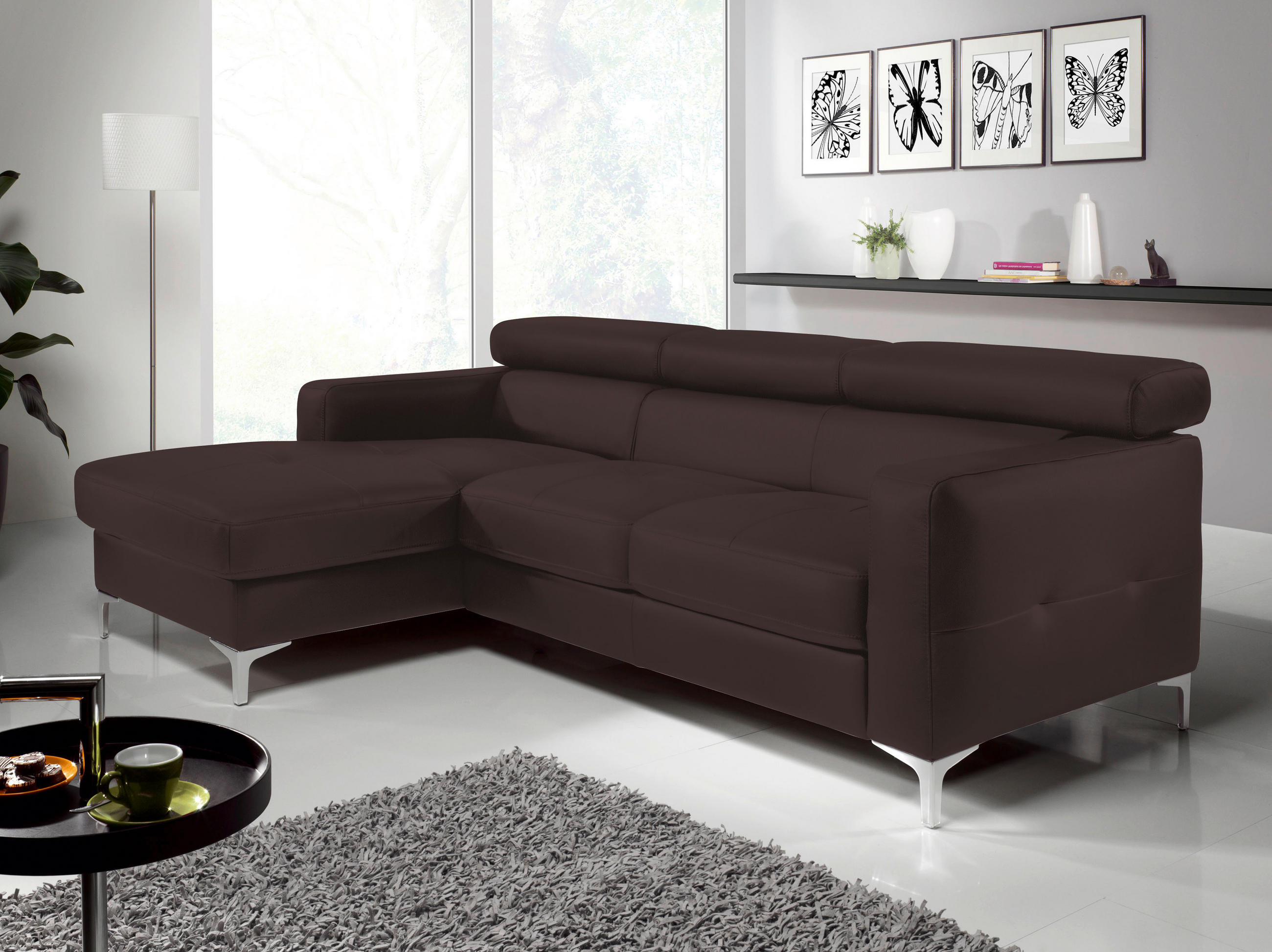 ECKSOFA in Echtleder Dunkelbraun - Chromfarben/Dunkelbraun, Design, Leder/Metall (169/226cm) - Livetastic