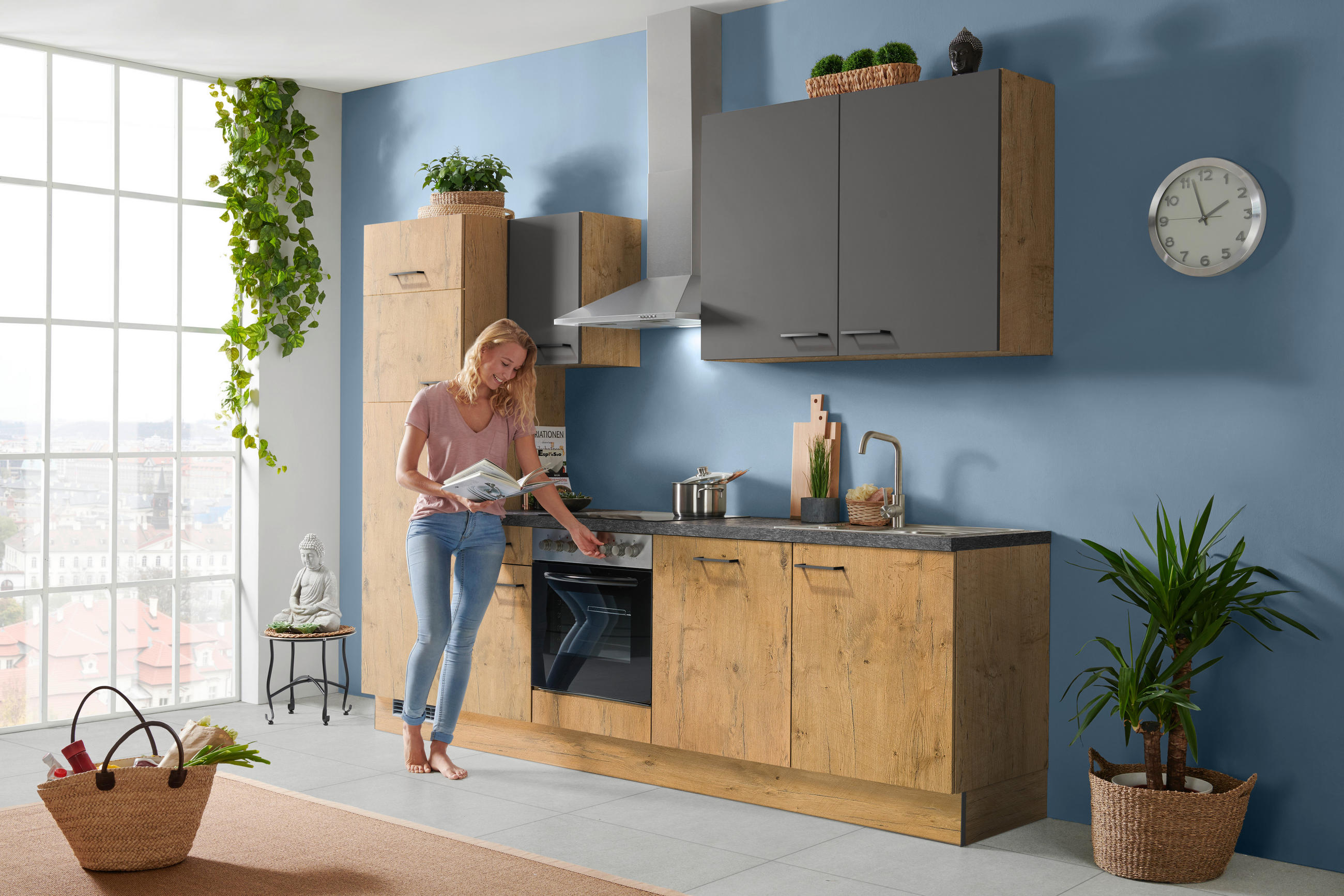 KÜCHENLEERBLOCK 280 cm   in Graphitfarben, Eichefarben  - Dunkelgrau/Eichefarben, Basics, Holzwerkstoff/Metall (280cm) - Venda