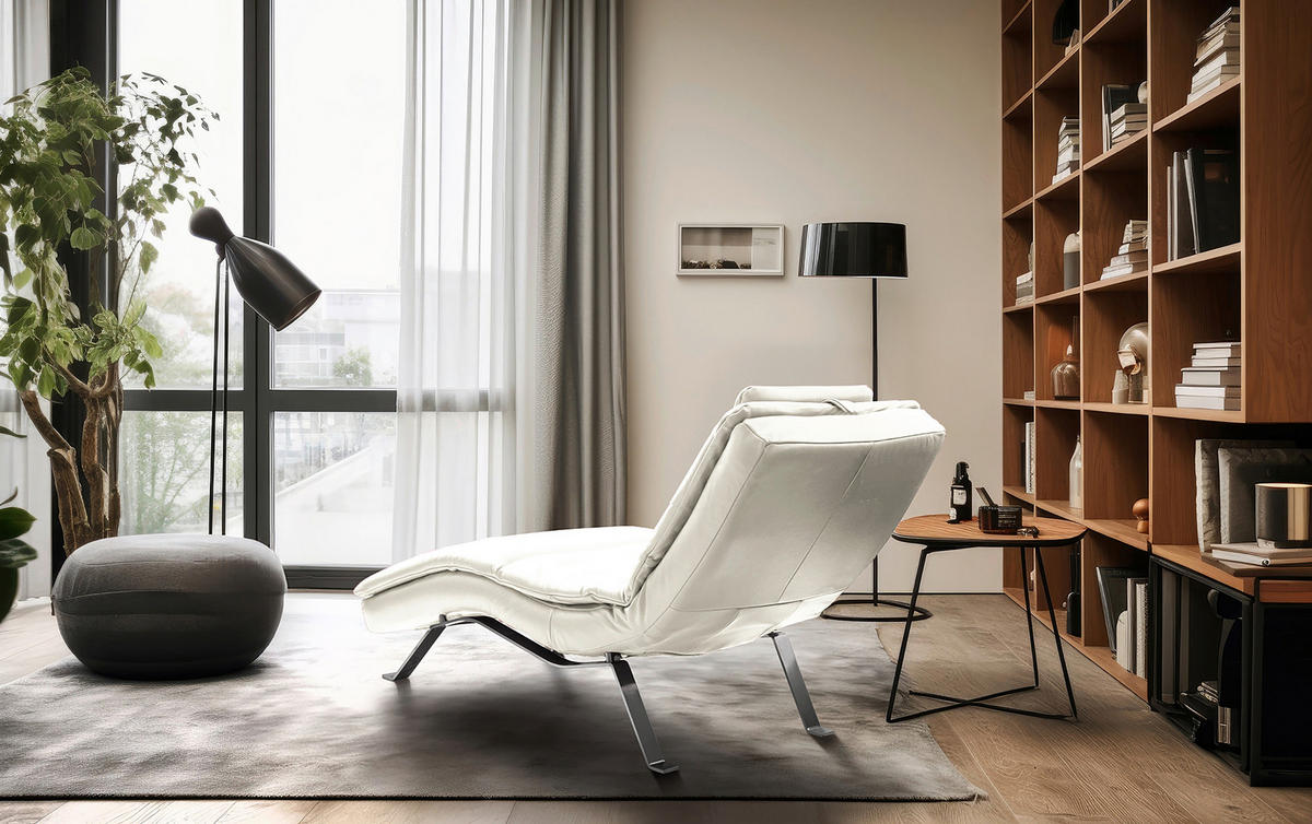 RELAXLIEGE in Echtleder Weiß  - Silberfarben/Weiß, Design, Leder/Metall (65/95/171cm) - Celina Home