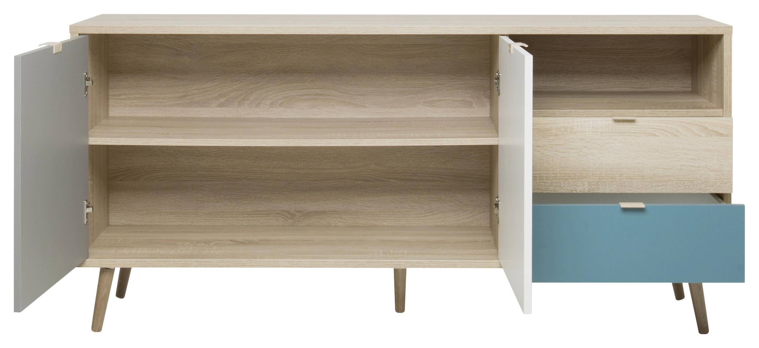 KOMODA  150/68/40 cm  siva, bela, boja hrasta, petrolej plava  - siva/boja hrasta, Konvencionalno, pločasti materijal (150/68/40cm) - Carryhome