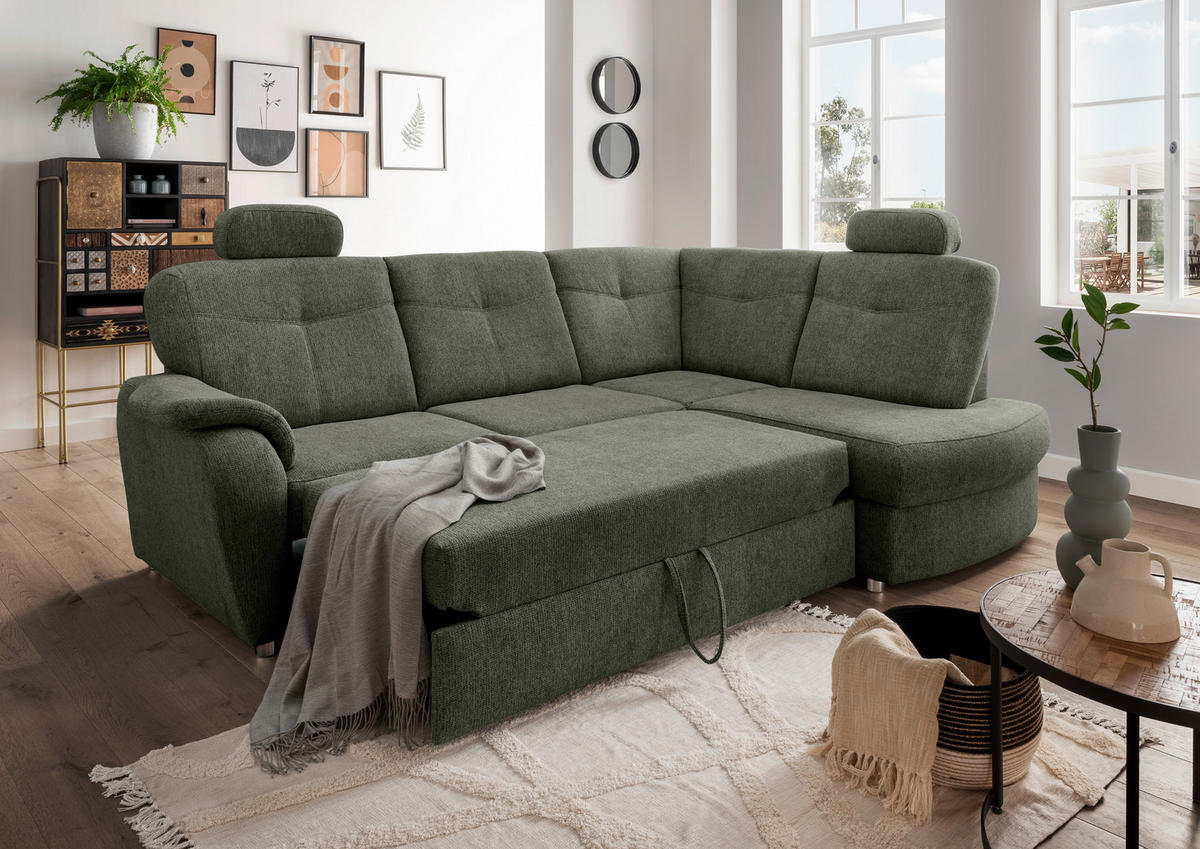 ECKSCHLAFSOFA in Chenille Dunkelgrün  - Chromfarben/Dunkelgrün, Modern, Kunststoff/Textil (264/180cm) - Livetastic