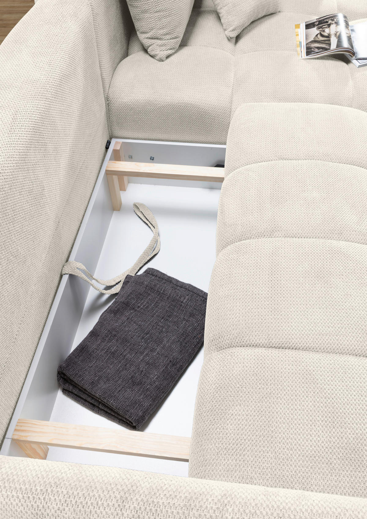 ECKSOFA Creme Plüsch Zierkissen, Rückenkissen, Bettkasten, Schlaffunktion, Rücken echt, Liegefläche im Originalstoff  - Creme/Schwarz, KONVENTIONELL, Kunststoff/Textil (253/192cm) - Carryhome