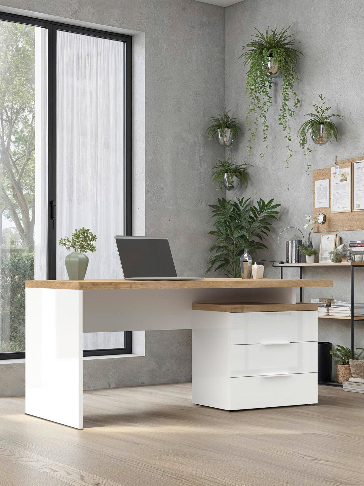 SKRIVBORD 160/75/68 cm vit högglans, ekfärgad förvaringsutrymme  - vit/vit högglans, Modern, metall/trämaterial (160/75/68cm) - Best Price
