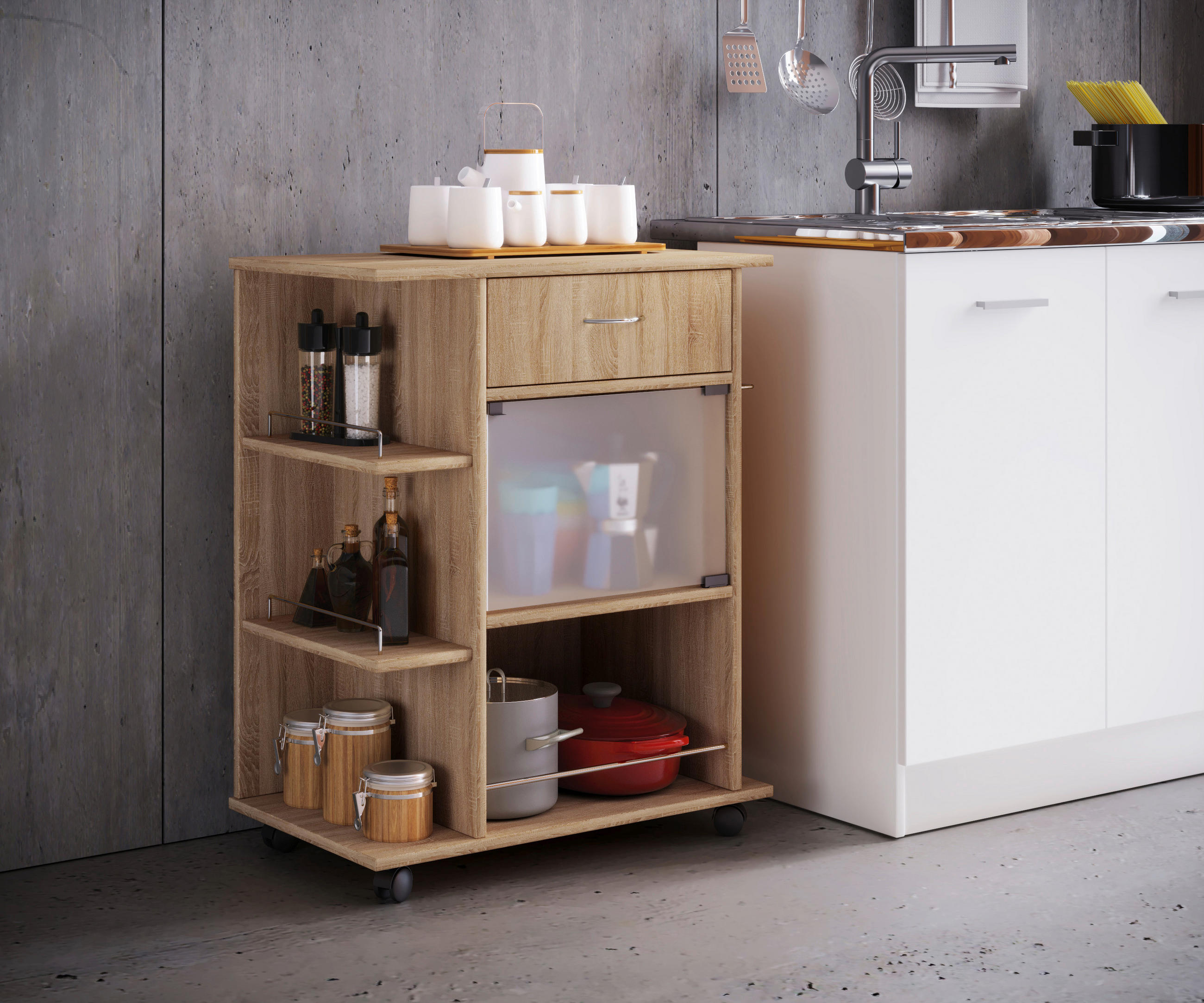 ALLZWECKWAGEN Sonoma Eiche  - Sonoma Eiche, Design, Glas/Holzwerkstoff (65/39/80cm) - MID.YOU