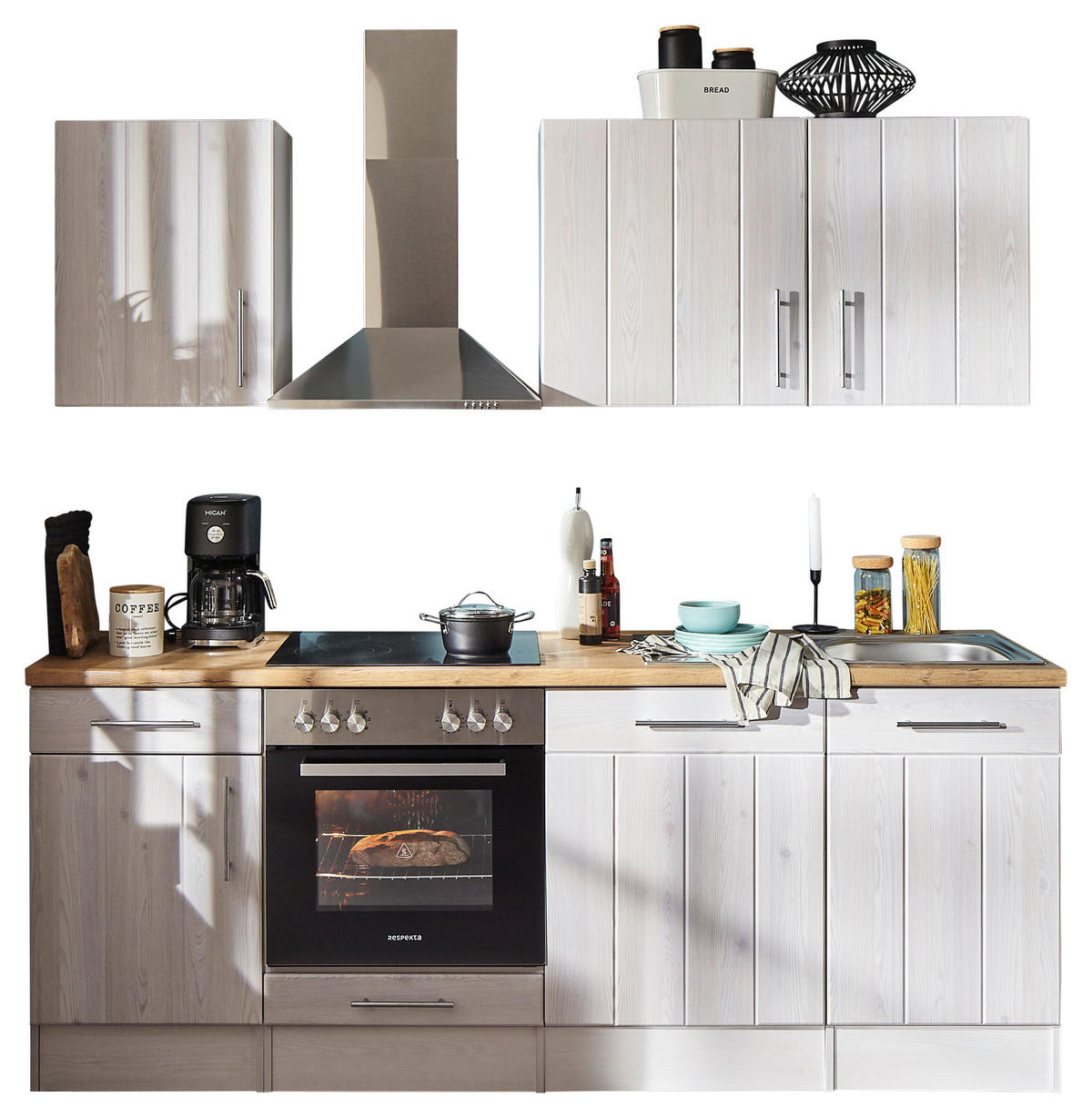 KÜCHENLEERBLOCK 220 cm   in Weiß, Lärchefarben  - Wildeiche/Edelstahlfarben, Basics, Holzwerkstoff/Metall (220cm) - Respekta